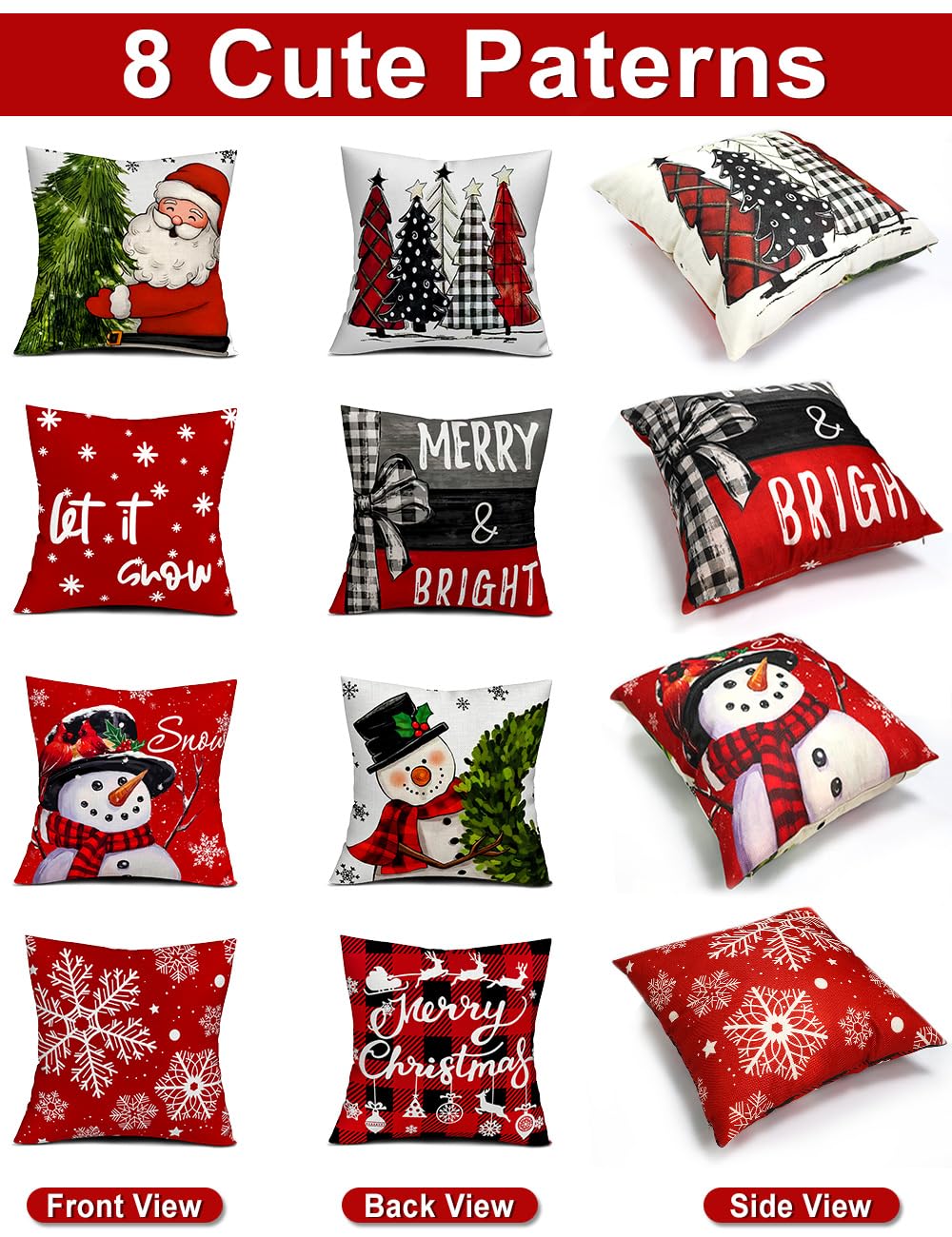 multiwins Christmas Decorations Set of 4 Double-Sided Print Christmas Pillow Covers 18" x 18", with 8 Cute Patterns, Throw Pillow Covers Perfect for Home Christmas Decor