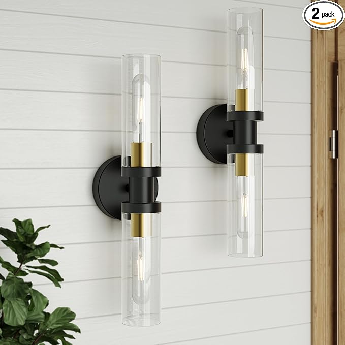 Wall Sconces Set of Two, ETL Certified, Black Gold Bathroom Wall Sconces with Clear Glass Modern Hardwired Wall Light fixtures for Bathroom Mirror Living Room Entryway Hallway(Bulbs Not Include)