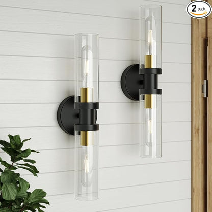 Wall Sconces Set of Two, ETL Certified, Black Gold Bathroom Wall Sconces with Clear Glass Modern Hardwired Wall Light fixtures for Bathroom Mirror Living Room Entryway Hallway(Bulbs Not Include)