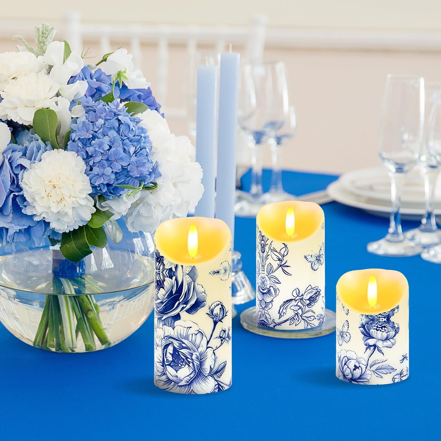 Ouvibor 3 Pcs Blue and White Flameless Candles Wedding Table Centerpiece Chinoiserie Candles Blue White Floral Printed Faux Candles with Remote Timer for Wedding Home Holiday Table Decor