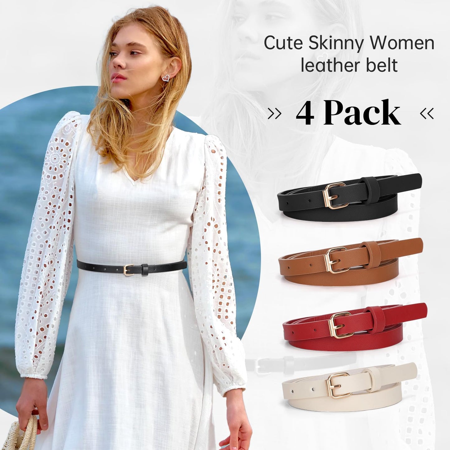 JASGOOD 4 Pack Skinny Women Leather Belt for Dress Thin Waist Belt for Jeans Pants with Gold Buckle 0.55" Width