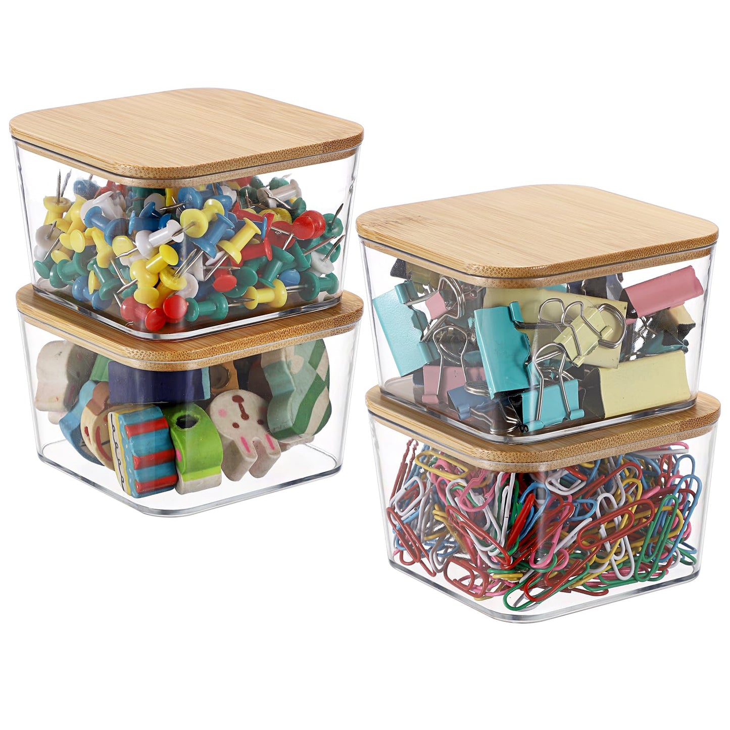 BTSKY 4 Pack Clear Stackable Paper Clip Holder with Bamboo Lid Paperclip Box Plastic Cute Office Supply Accessory Organizer Square Small Storage Holder Cute Qtip Holder for Office Bathroom Vanity