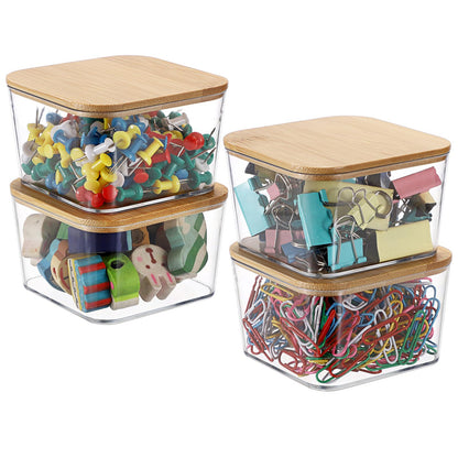 BTSKY 4 Pack Clear Stackable Paper Clip Holder with Bamboo Lid Paperclip Box Plastic Cute Office Supply Accessory Organizer Square Small Storage Holder Cute Qtip Holder for Office Bathroom Vanity
