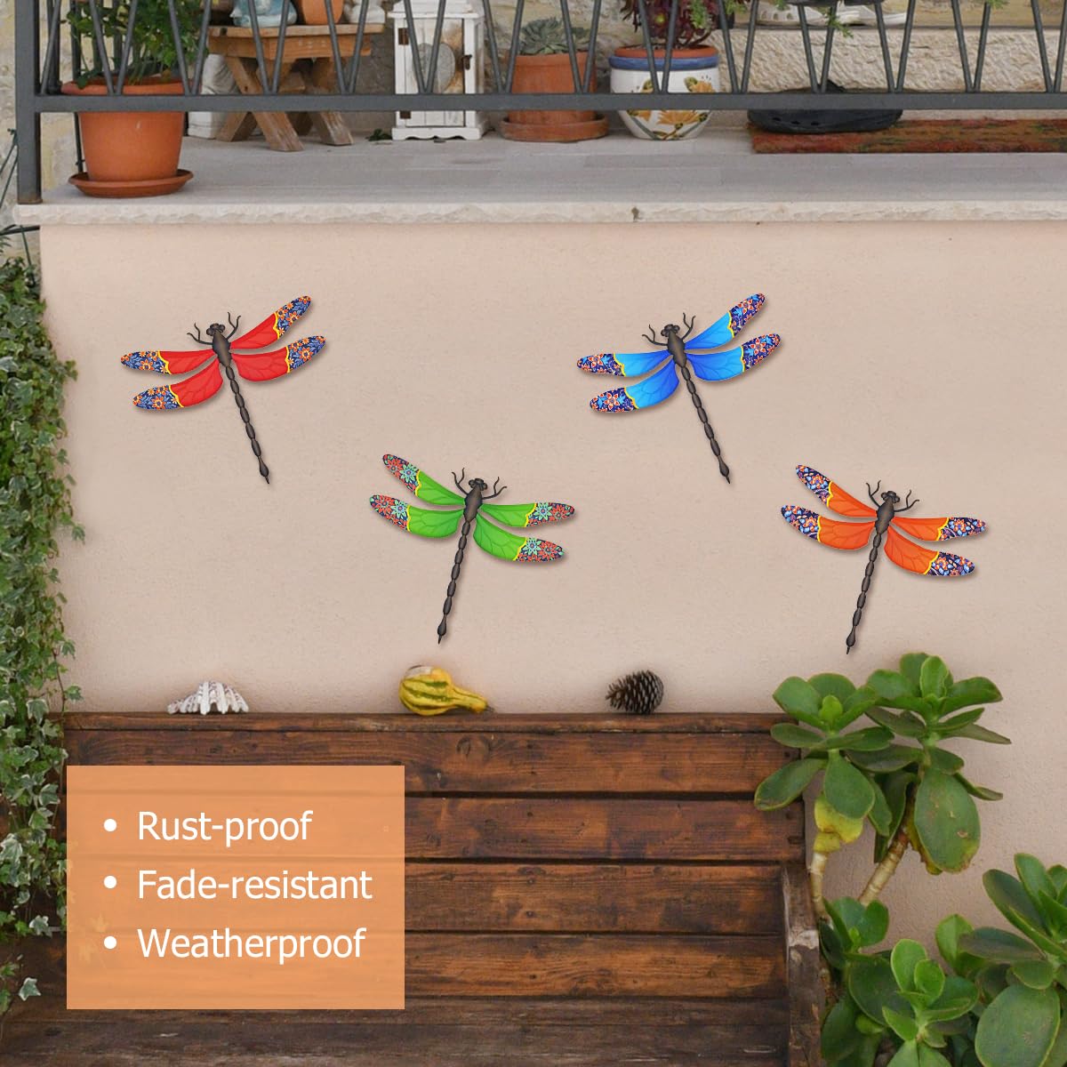 Metal Dragonfly Wall Decor, 4 Pack 13 inch Metal Dragonflies Wall Art Hanging Sculpture Decorations for Outdoor, Yard Patio Fence Garden Outside Decor