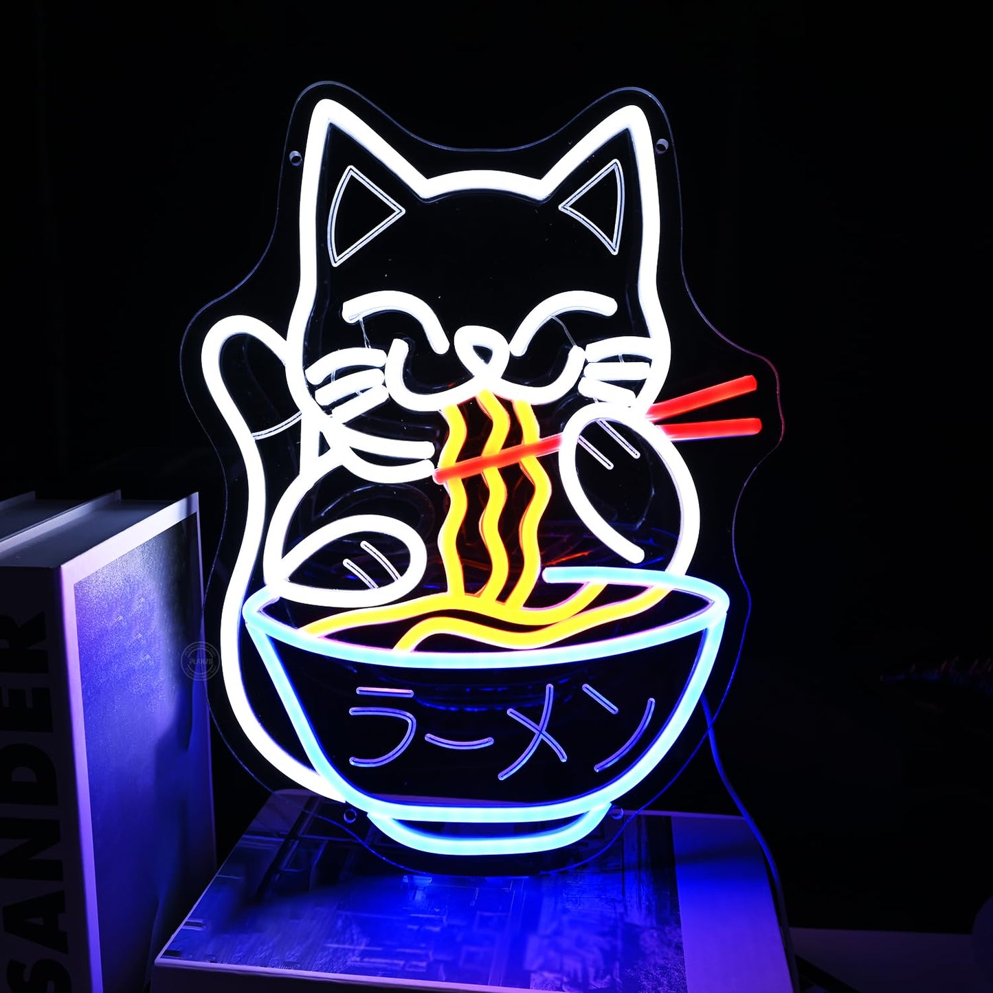 Planzo Cat Ramen Neon Sign Light Japanese Noodle Resturant Home Bar Pub Kitchen Dinning Room Cafe Shop Cut Cat USB Warm White 15.75"X11.8"