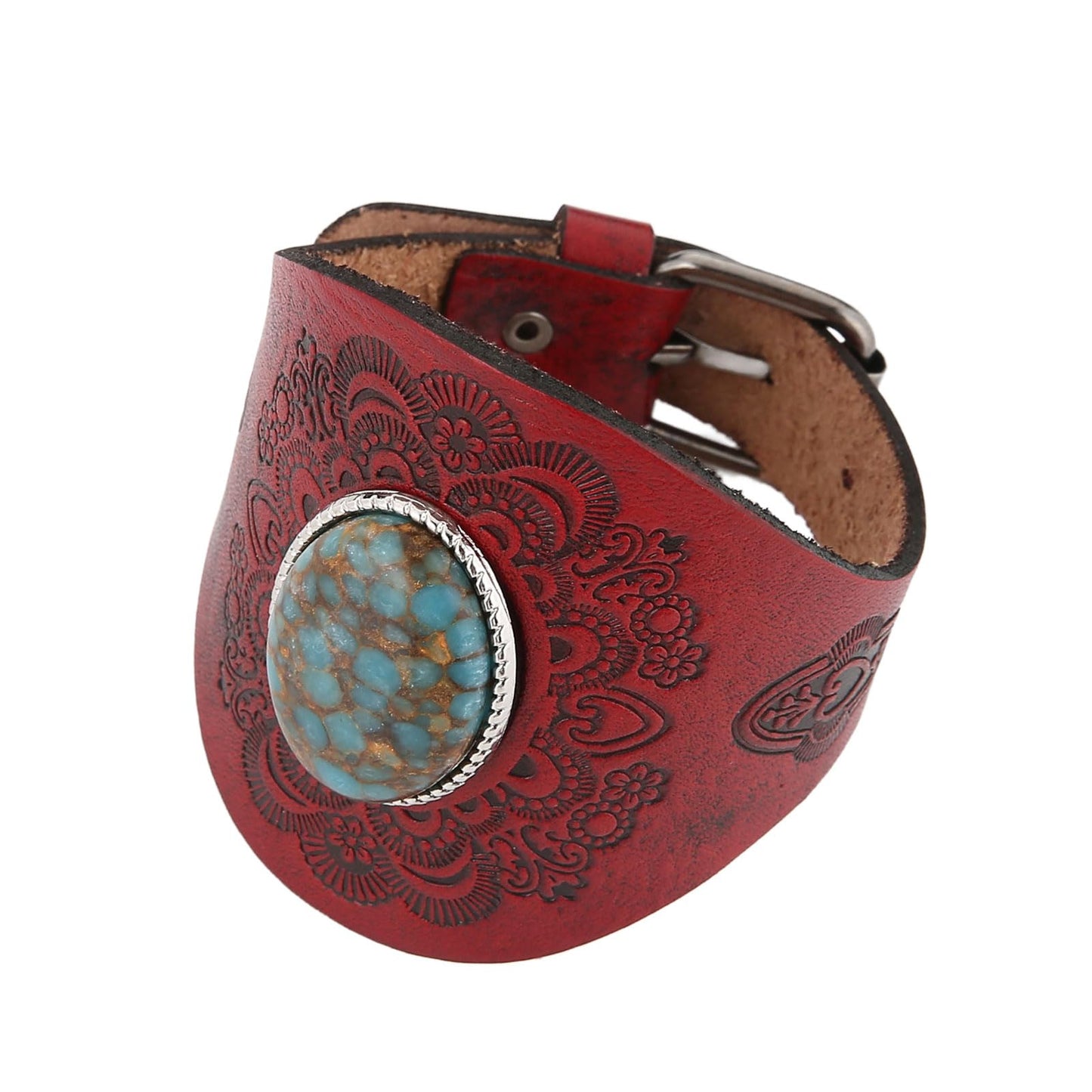 HZMAN Vintage Turquoise Leather Bracelet, Adjustable Punk Sunflower Cuff Bracelet for Men Women