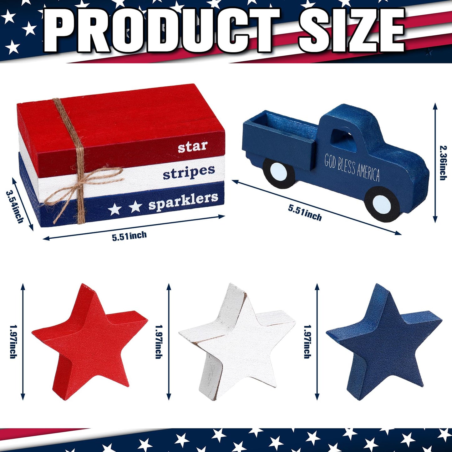 DoubleFill 7 Pcs 4th of July Decoration Patriotic Red White Blue Tiered Tray Decor 250th Anniversary Table Decor Centerpiece American Wood Faux Book Sign for Memorial Veterans Day Rustic Home Shelf