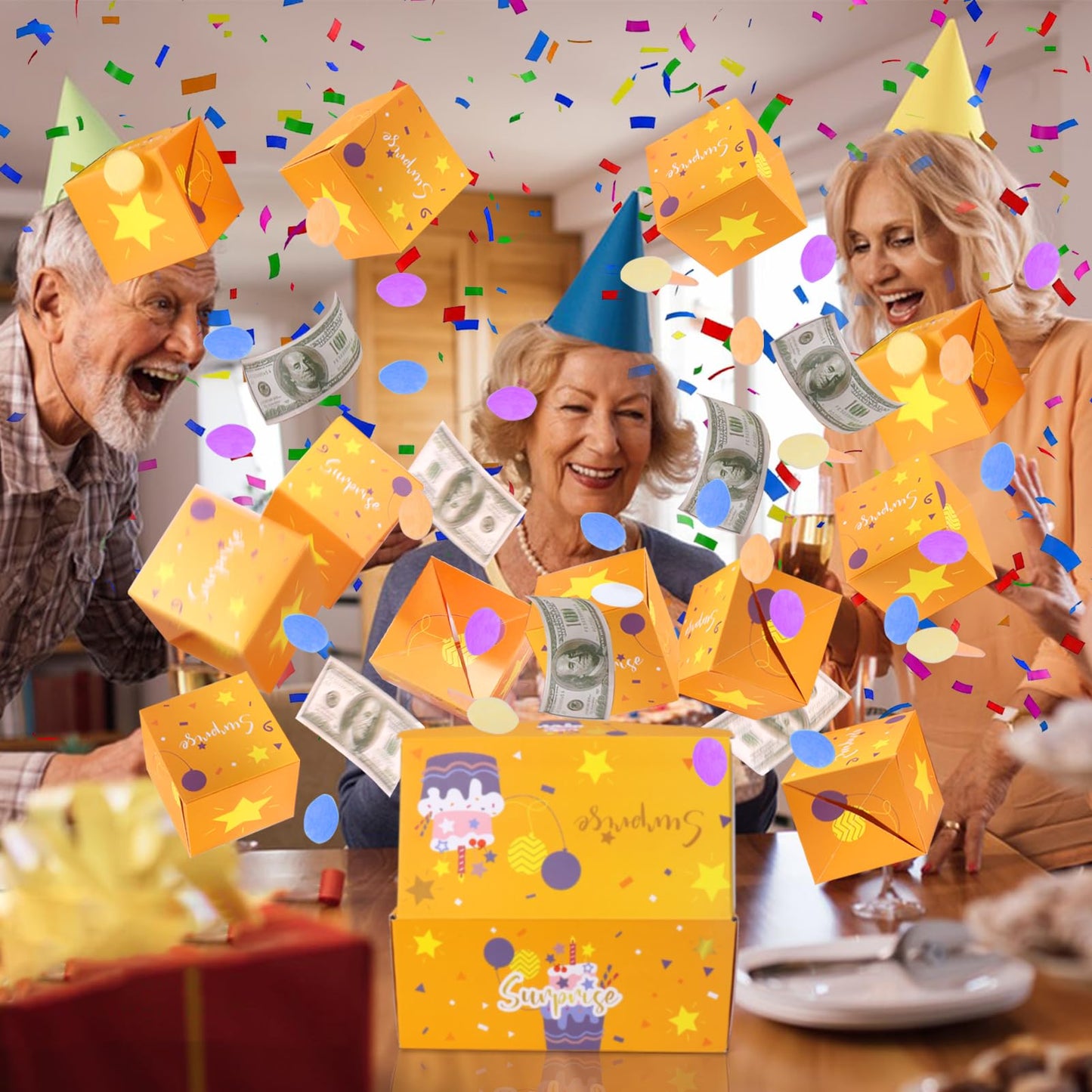 BABORUI Birthday Surprise Gift Box Explosion for Money with Confetti, Cash Explosion Gift Box for Women Men Kids (Yellow Birthday)
