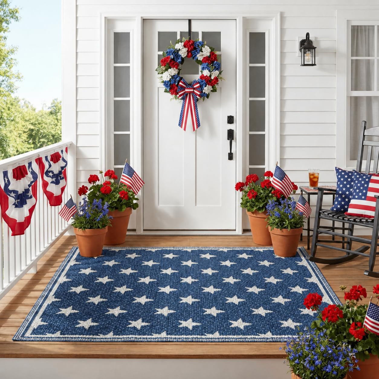 3x5ft Patriotic Outdoor Rug Waterproof Plastic Straw Patio Mat Reversible Red White and Blue Striped Area Rug for Camping RV Porch Deck Backyard 4th of July Independence Day Decorations(Star)