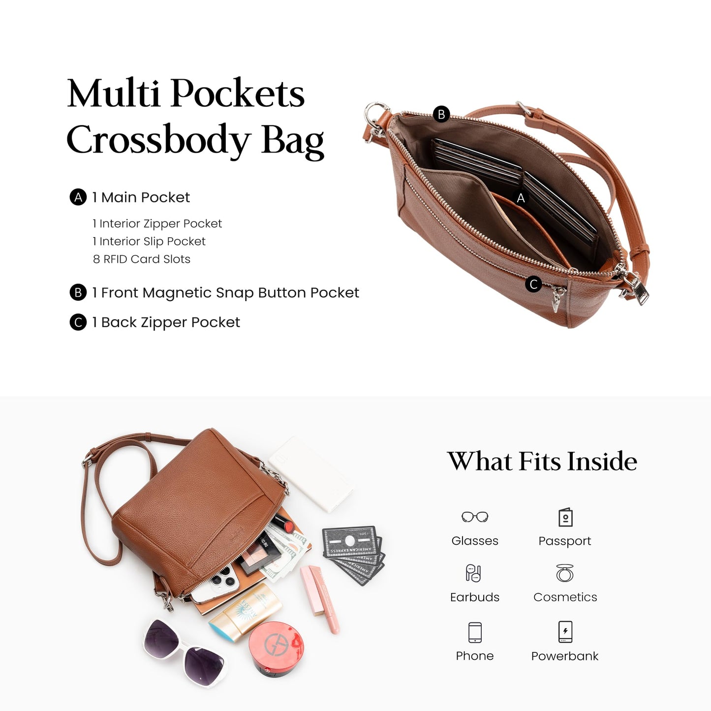 befen Anti Theft Small Crossbody Bags for Women Genuine Leather Purses, Womens Shoulder Bag with RFID Blocking Card Slots for Daily & Travel Cognac Brown