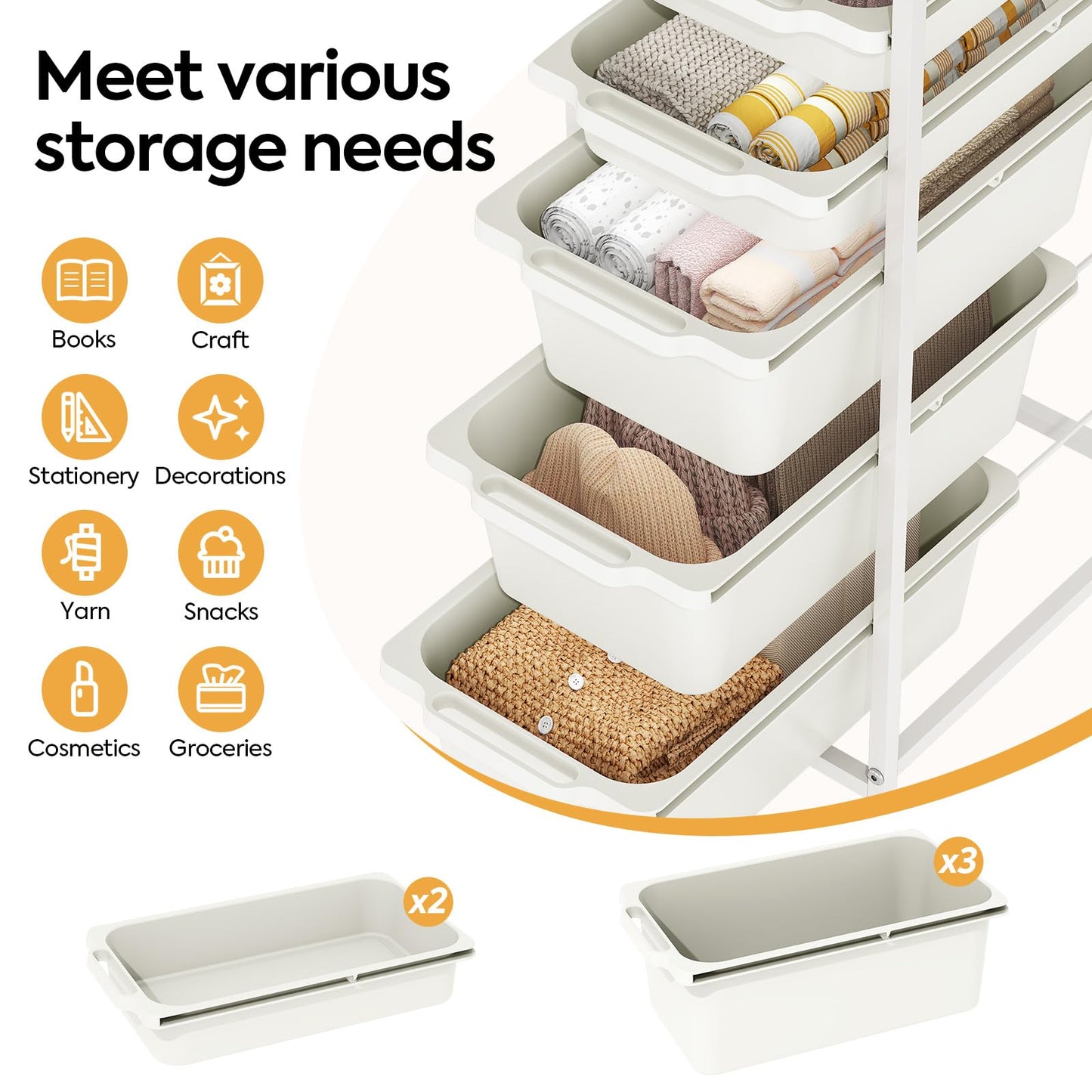 Rolling Storage Cart with 5 Drawers, Craft Organizer, Wooden Tabletop Utility Cart for Bedroom, Children's Room and Office Organization, Table Side Trolley with Lockable Wheels, White