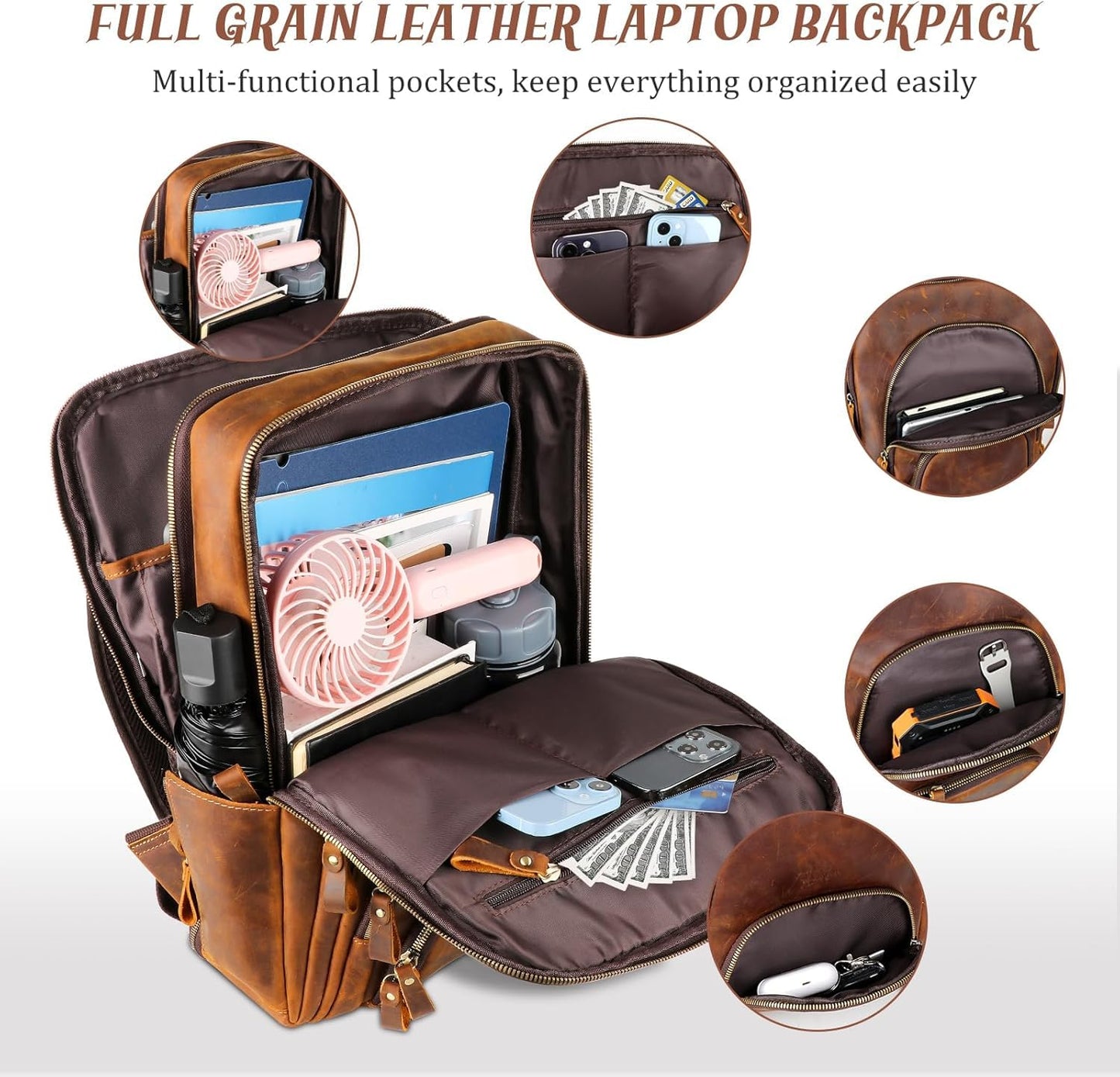 Fshsup Full Grain Leather Backpack 15.6" Laptop Bag Men's Vintage Genuine Leather Business Backpack Travel Hiking Camping Rucksack Overnight Weekender Daypack Backpack