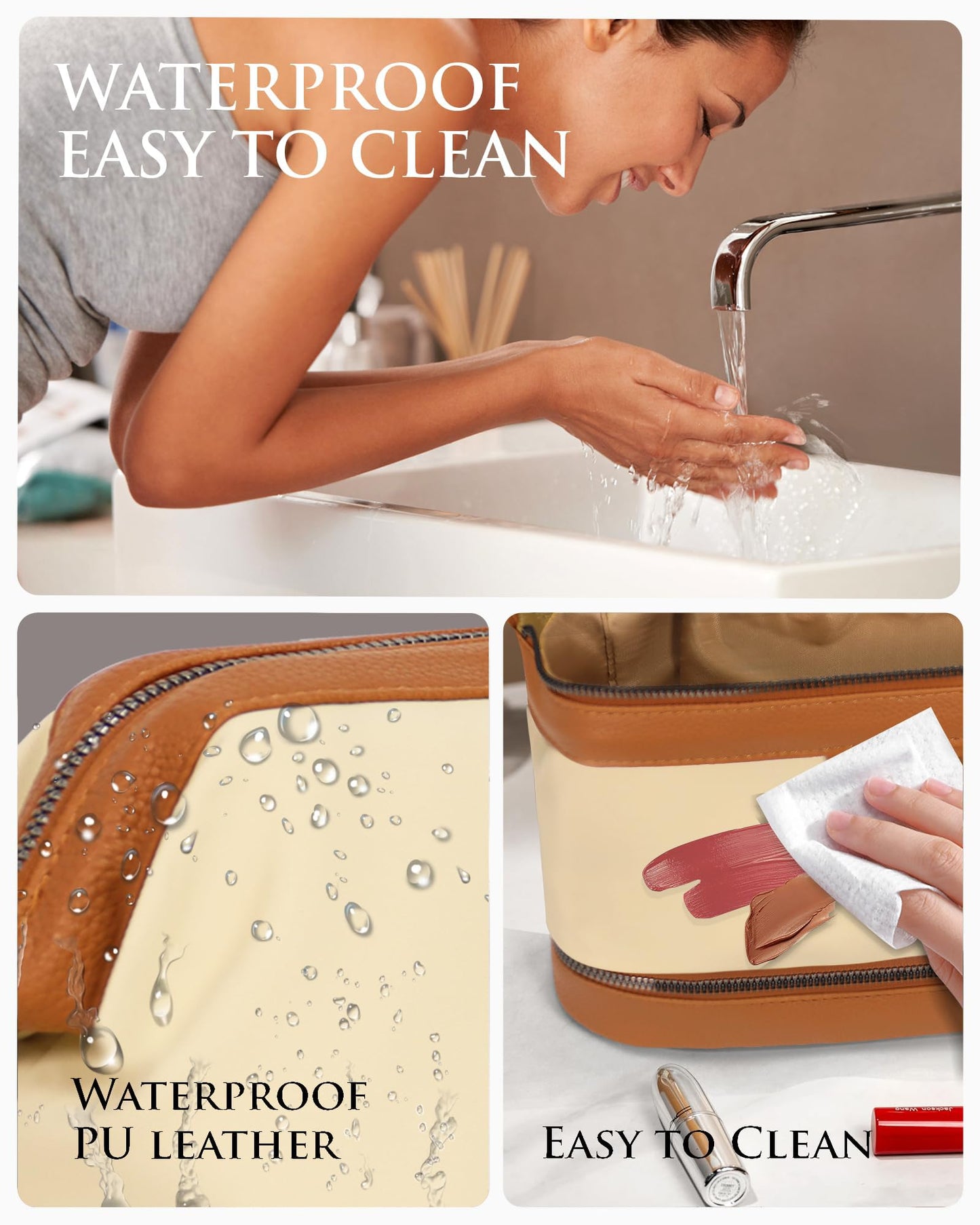 Lemuvlt Double-Layer Toiletry Bag, Water-Resistant Hybrid Leather Cosmetic Organizer with Wet/Dry Compartments, 26x15x16cm (Cream, Double layer)
