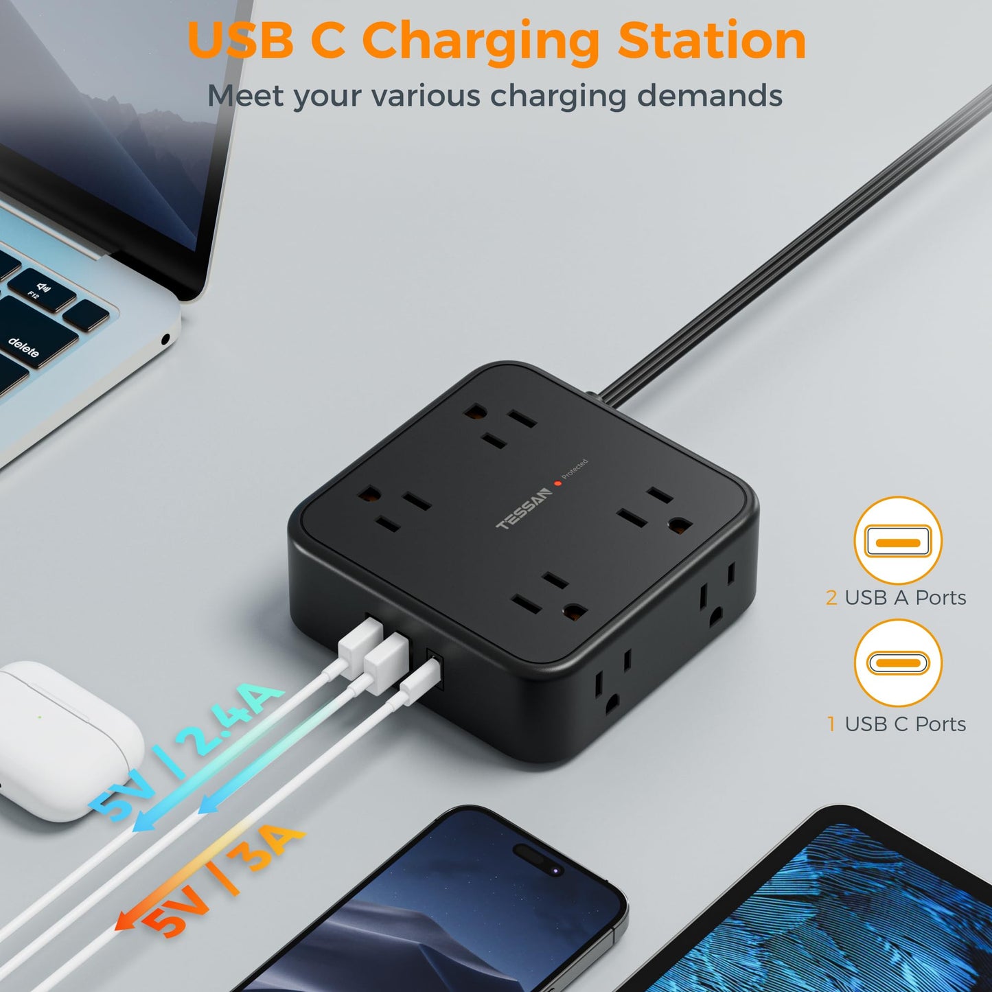 TESSAN Surge Protector Power Strip, 5 Ft Flat Plug Extension Cord with 3 USB (1 USB C) 8 Outlets, 900J Surge Protection, 3 Sided Outlet Extender with Power Switch for Office, Dorm Room Essentials