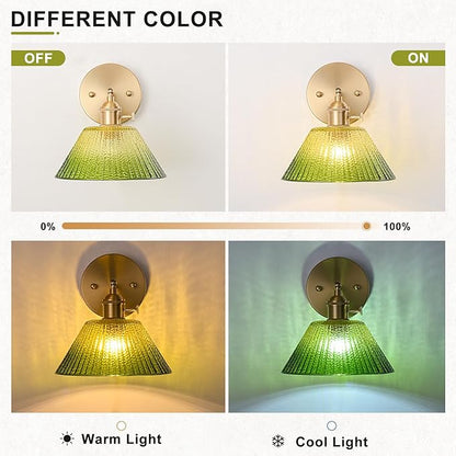 Hardwired Wall Sconce Light, Vintage Wall Sconce with Switch, Gold Wall Light Fixture with Gradient Green Glass Lampshade, Indoor Wall Light for Bedroom Bathroom, Bedside Wall Lamp