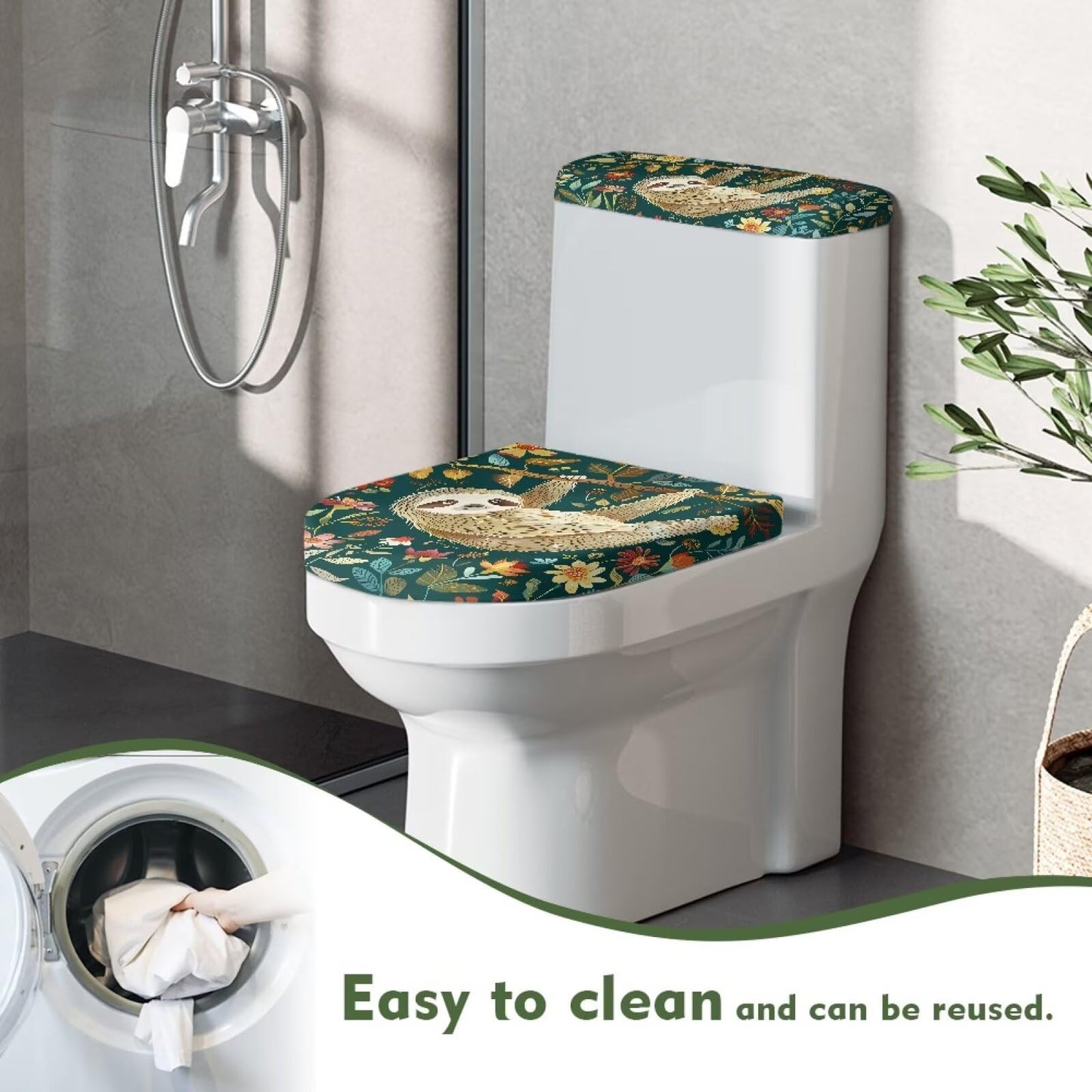 GLENLCWE Cute Sloth Toilet Cover Set 2 Pack Set Animal Toilet Seat Covers for Bathroom Green Bath Tank Cover Lid Cover Oval Home Decoration
