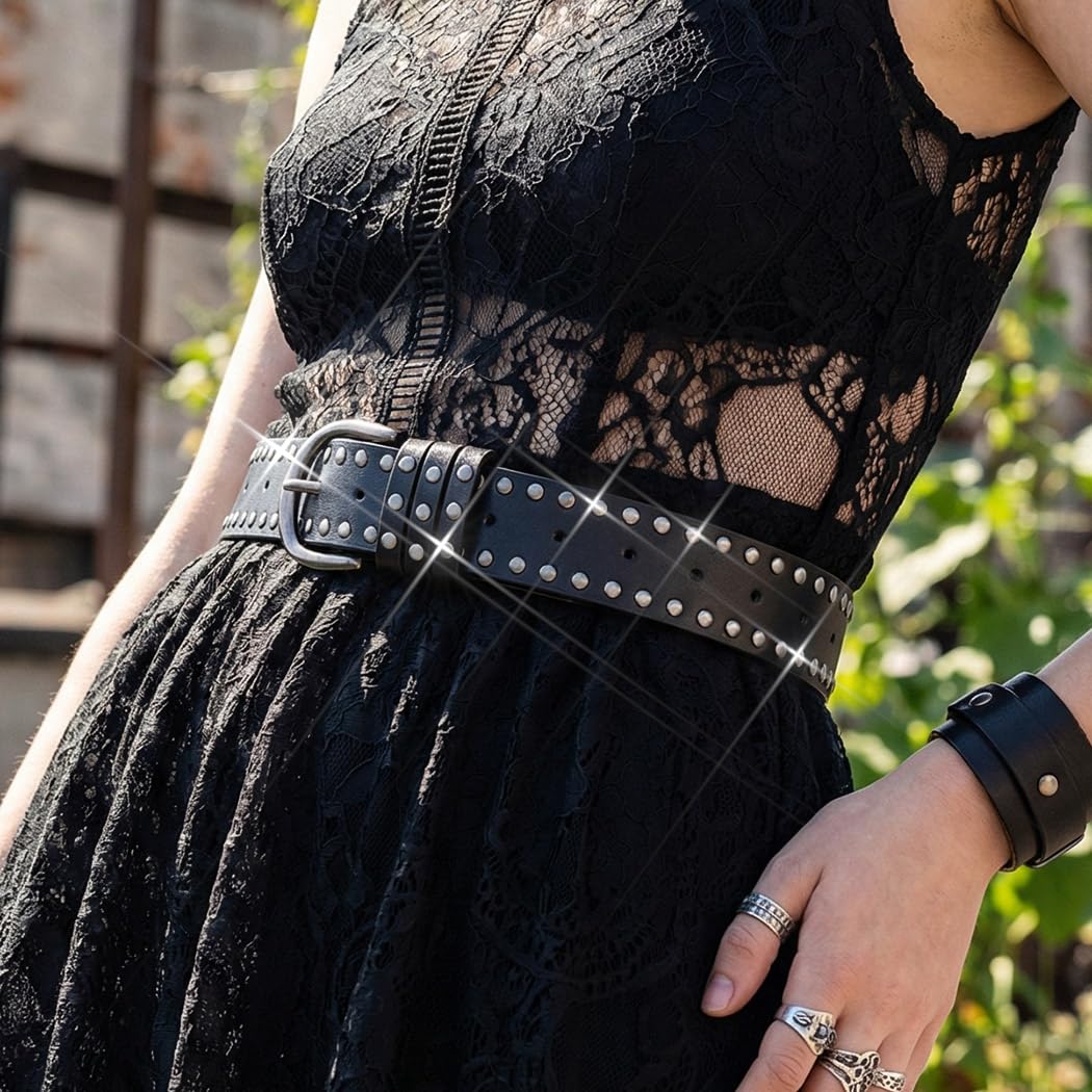 BODIY Rivet Leather Belt Black Vintage Waist Belts Y2K Wide Belts Western Studded Belt for Women (Black)