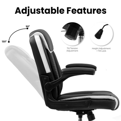 NEO CHAIR Office Desk Computer Chair Ergonomic Executive Mid-Back Leather Gaming Chair with Adjustable Flip-Up Armrests Wheels Swivel for Home Study Task (Black)