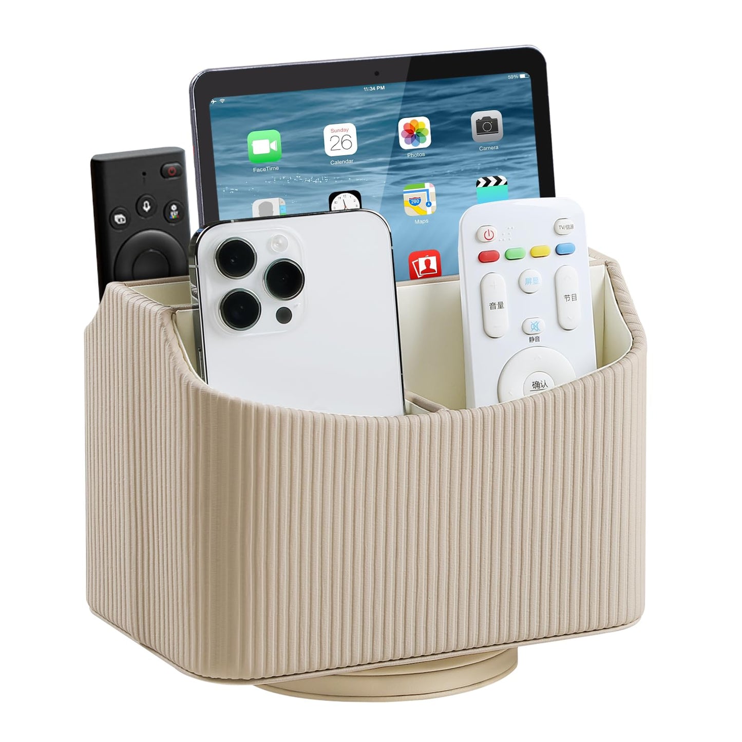 NICLNGSH PU Leather Remote Control Holder, 360 Degree Rotating Desk Organizer Storage Table Remote Caddy, Spinning Bedside Organizer Nightstand Organizer for Desktop Office Home (Beige)