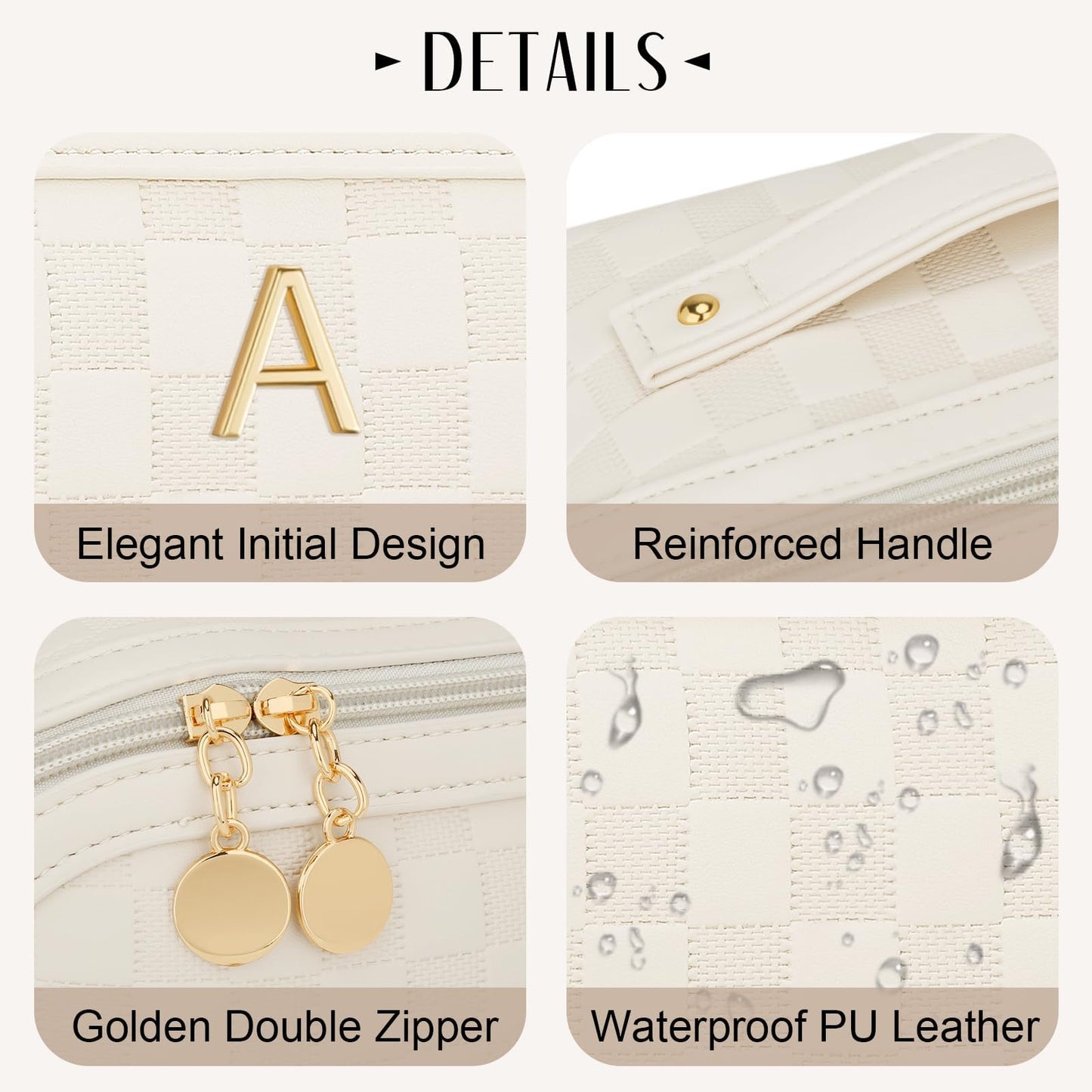 CLOUDWINGS Personalized Birthday Gifts for Women - Initial Makeup Bag Waterproof Travel Makeup Organizer with Compartments PU Leather Cosmetic Travel Toiletry Bag (CheckeredBeige,A)