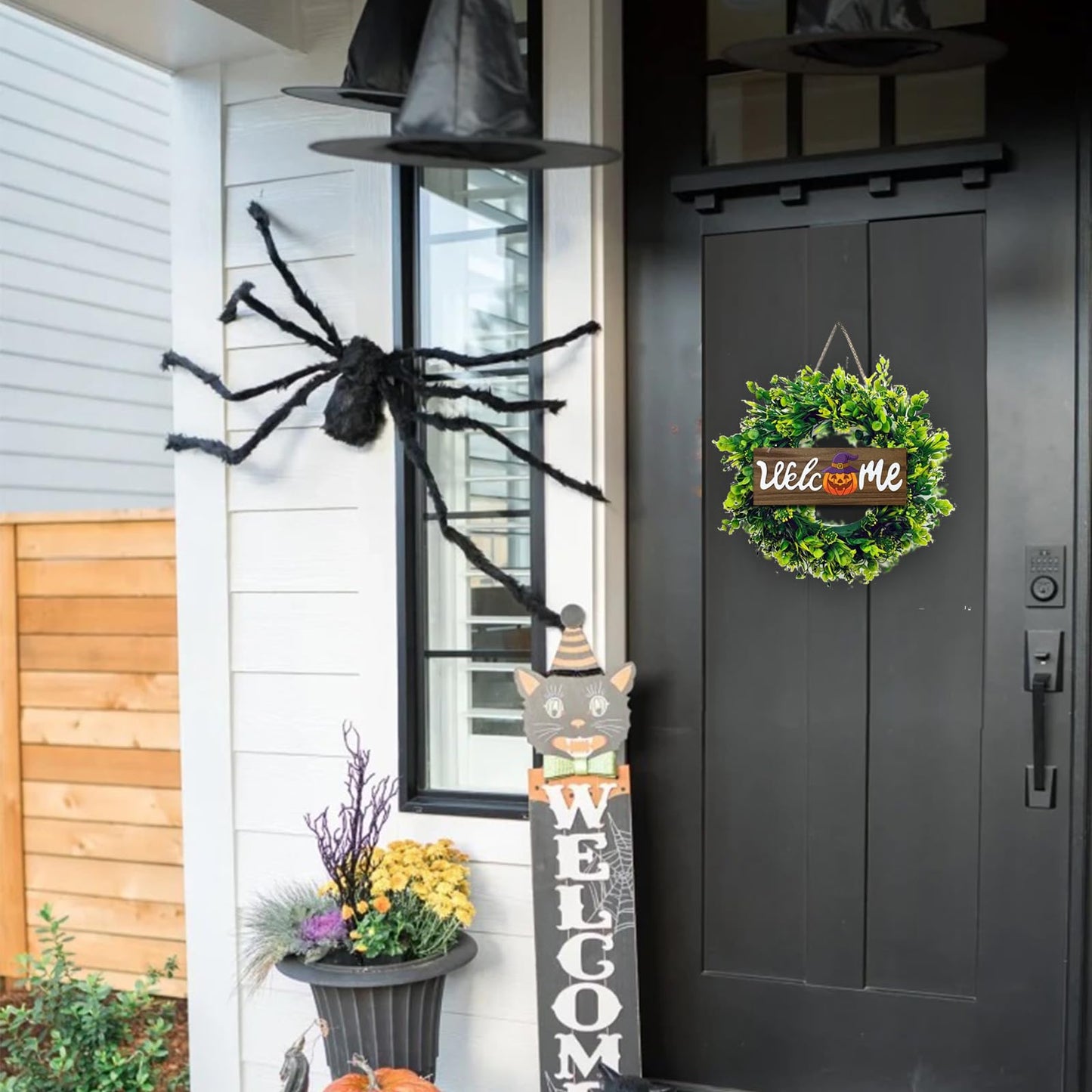 Artificial Boxwood Wreaths for Front Door, 16" Spring Summer Green Door Wreath with Welcome Sign for Holidays Wall Window Porch Farmhouse Decor Housewarming Gift