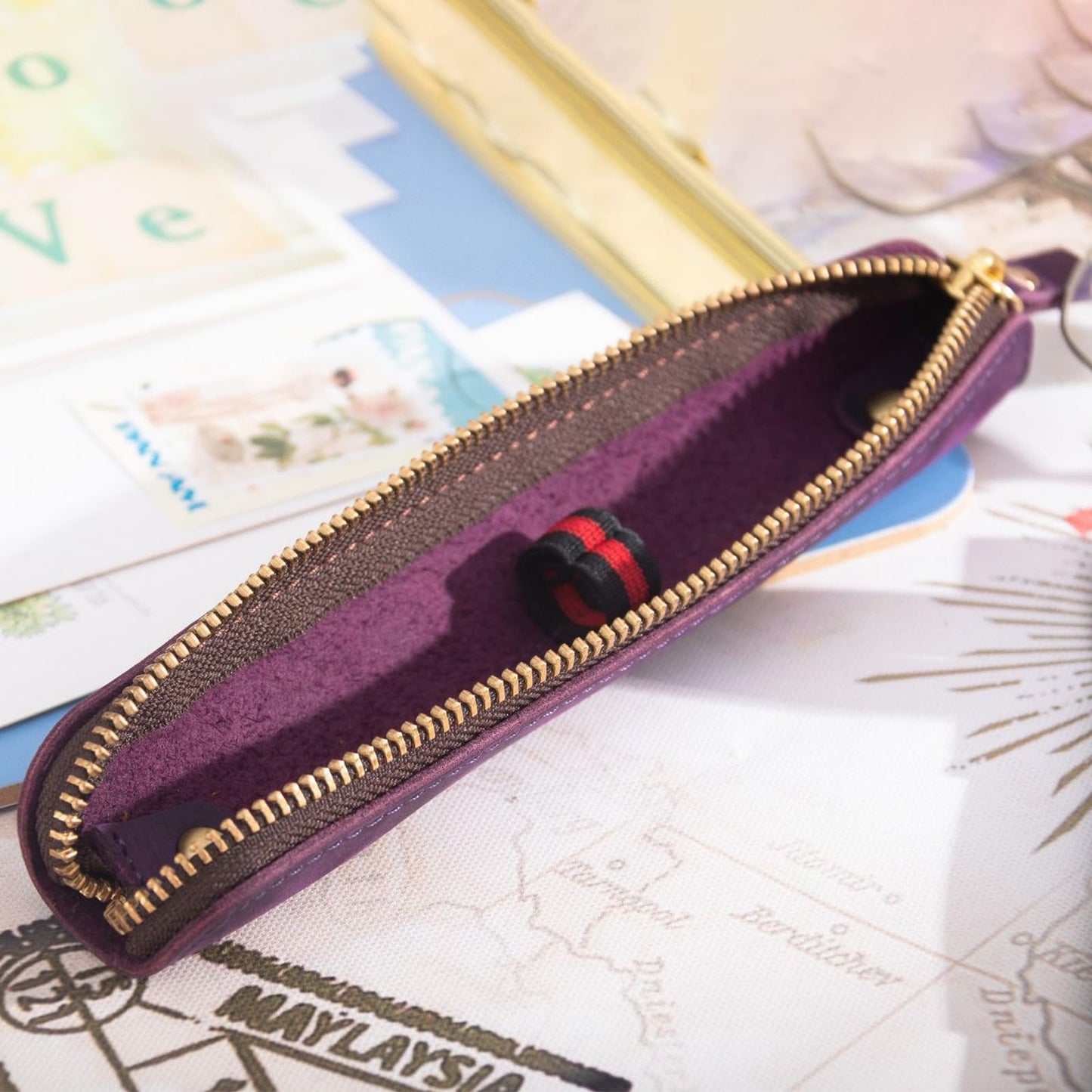 JANKOW Crazy Horse Leather Zipper Pen Pouch Handmade, Single Pen Case Fountain Pen Sleeve Holder Pouch Cover Vintage, Mini Pencil Bag (Purple)