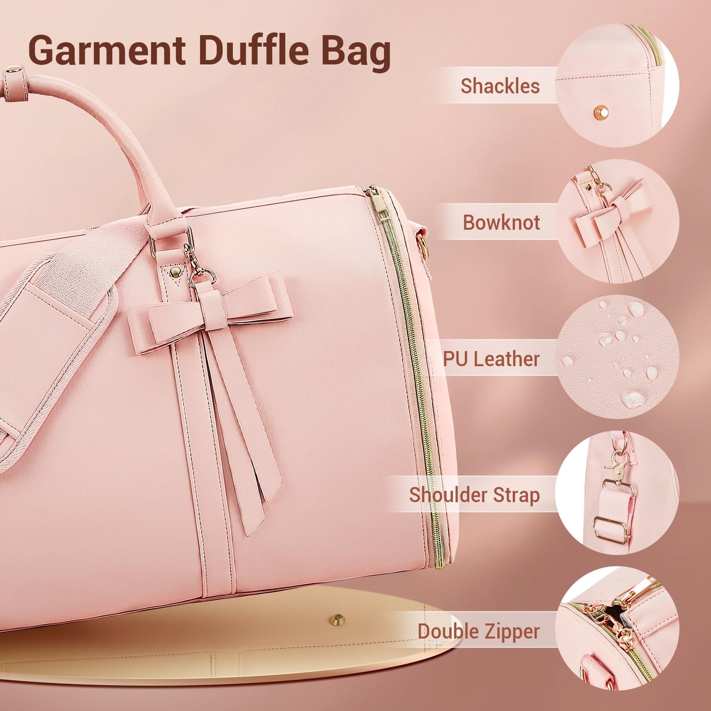 Garment Bags for Travel, Convertible Suit Travel Bag for Women, Stylish Carry On Garment Bag with Toiletry Pocket, Shoulder Strap and Shoes Compartment, 2 in 1 Foldable PU Leather Duffle Bag, Pink