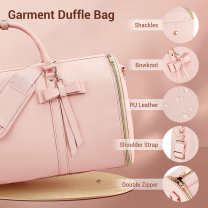 Garment Bags for Travel, Convertible Suit Travel Bag for Women, Stylish Carry On Garment Bag with Toiletry Pocket, Shoulder Strap and Shoes Compartment, 2 in 1 Foldable PU Leather Duffle Bag, Pink