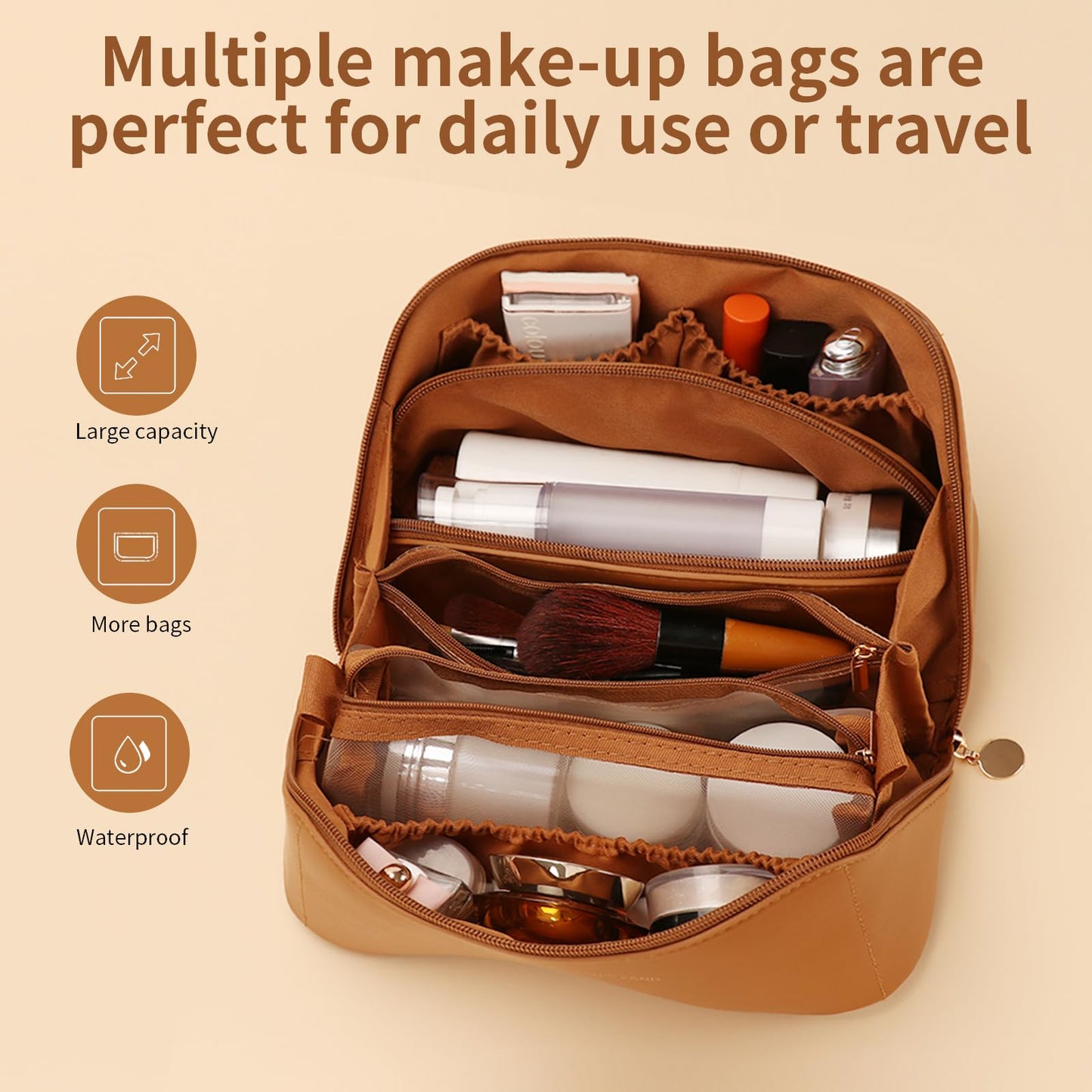 zaleeta 3 Pcs Travel Makeup Bag Portable Large Capacity Cosmetic Bags for Women Open Flat Makeup Case Organizer Bag Set of 3 Waterproof PU Leather Toiletry Bags with Divider and Handle (Brown, Medium)