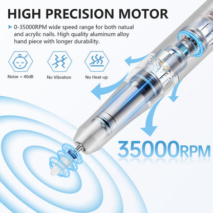 Kredioo Nail Drill Professional Electric 35000RPM Nail Drill Machine Kit Remove Gel Nails Acrylic Polish Thick Toe with 11 Sanding Bits E File Set