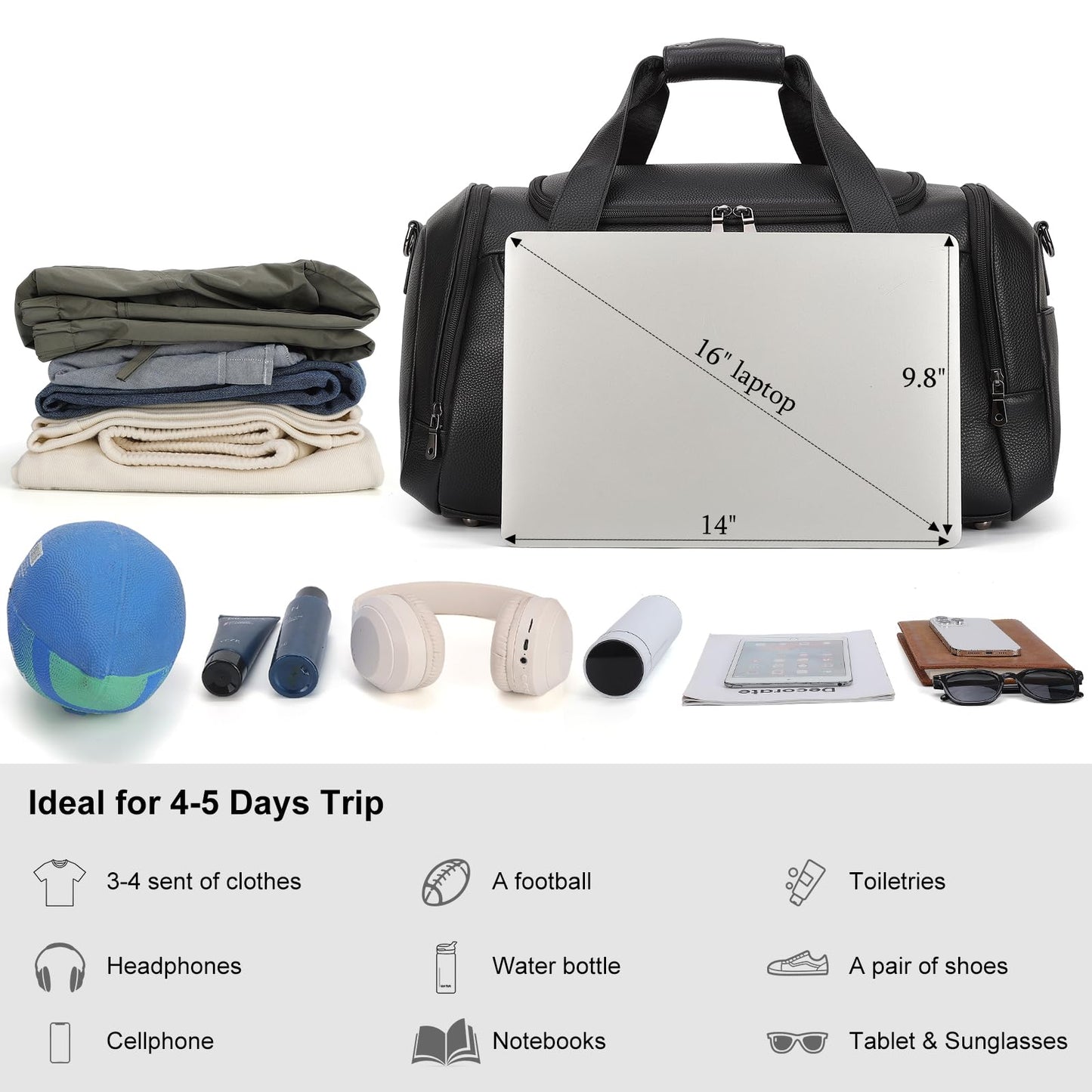 TIDING 21" Leather Travel Duffle Bag for Men Women, 40L Gym Sports Duffel Bag Waterproof Weekender Overnight Luggage Bag with Shoe Compartment