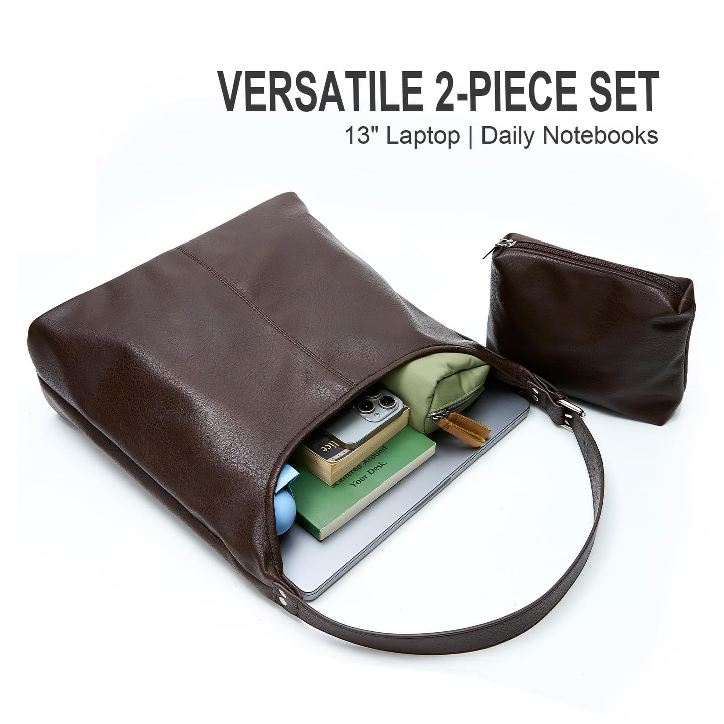 Hobo Bag for Women, Soft Vegan Leather Slouchy Shoulder Tote Purse with Matching Pouch, Adjustable Strap & Magnetic Closure Brown