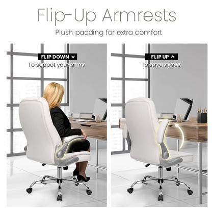 NEO CHAIR Ergonomic Office Desk Gaming Computer Chair Executive High Back Support Flip-up Arms Adjustable Height Swivel Rolling Wheels Comfy PU Leather for Home (White)