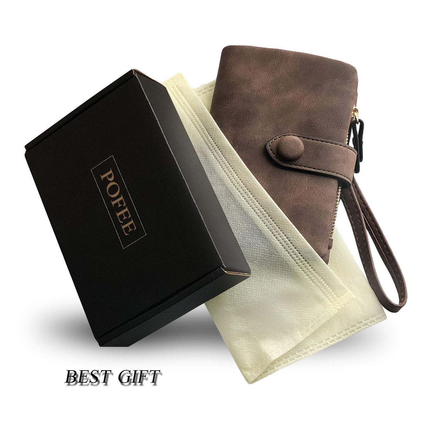 PofeeXIO Womens Small Bifold Leather Wallets Rfid Ladies Wristlet with Card slots id window Zipper Coin Purse (Brown)