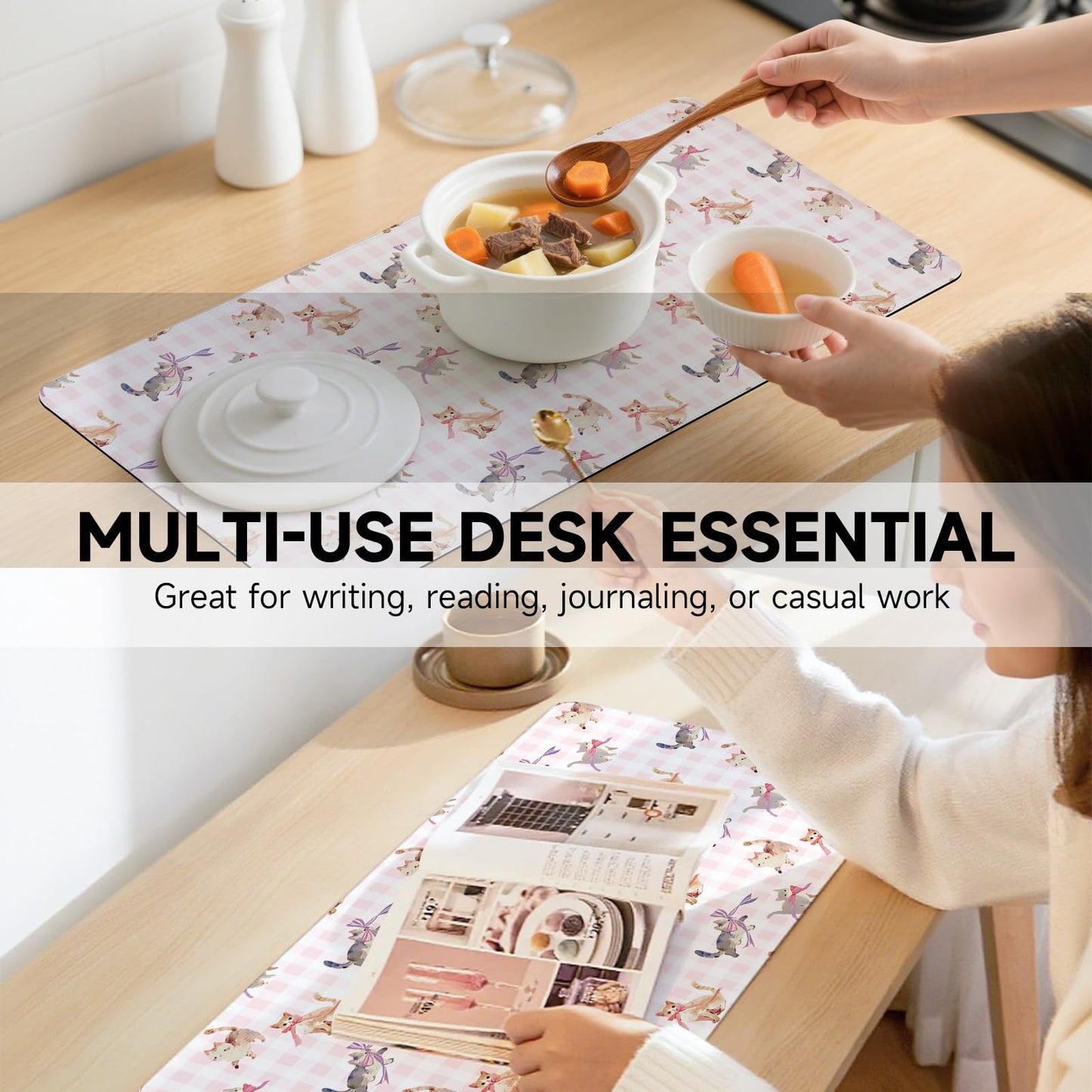 AUPET PU Leather Desk Pad Protector Blotter, Animal 35 x 17in Large Mouse Pad,Cute Office Desk Mat,Waterproof Non-Slip Desk Writing Drawing Pad for Office Home Game (Cats with Bow tie)