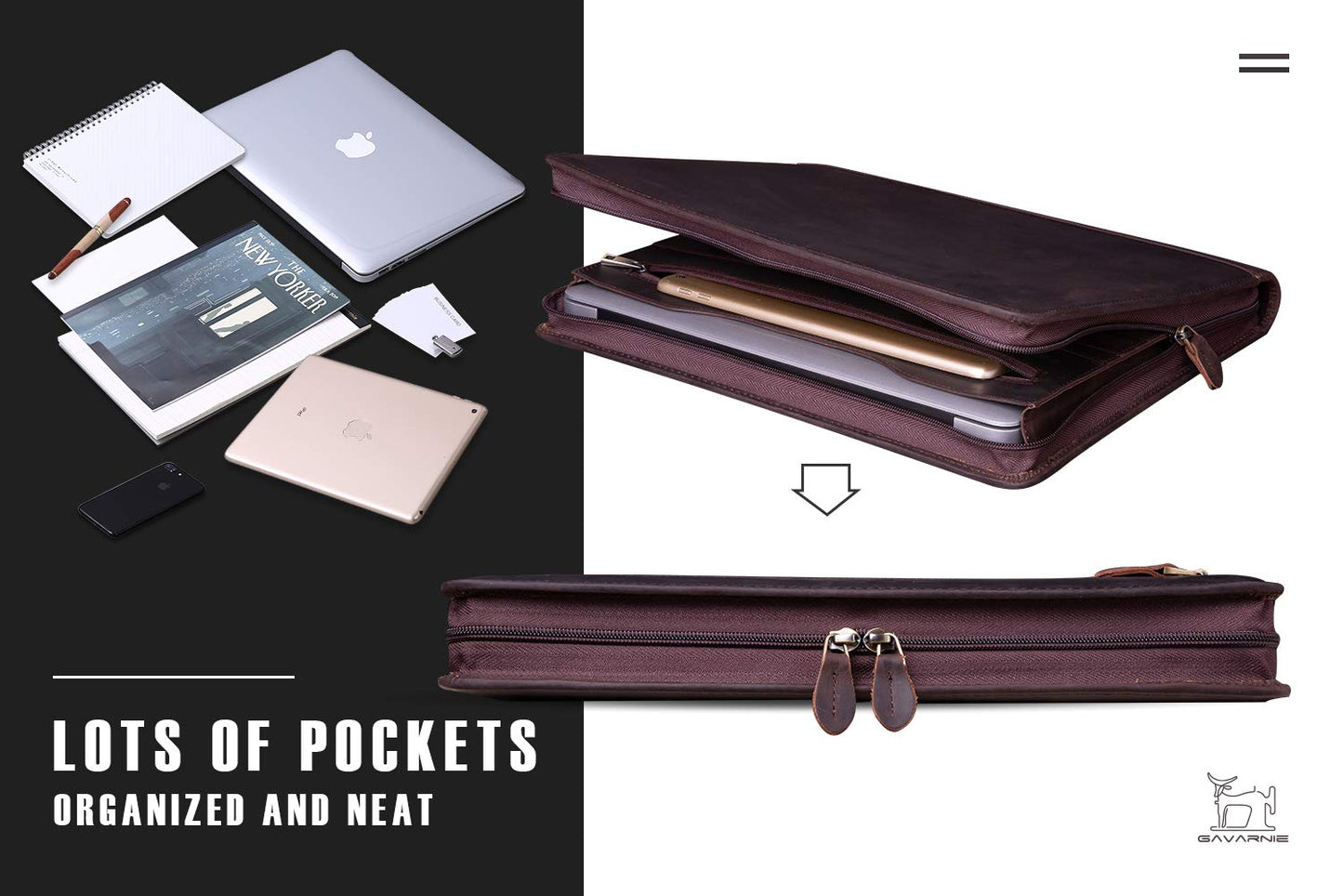 Gavarnie Genuine Leather Professioal Business Portfolio Padfolio Folder with Zipper for Men and Women,Work Portfolio for Letter Size Notepad, for Meeting and Travel, Dark Brown