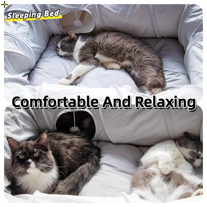 XxingSheep 4 Ways Shuttled XL Cat Tunnel Bed for Indoor Cats Peekaboo Cat Cave Donut with Cool Mat