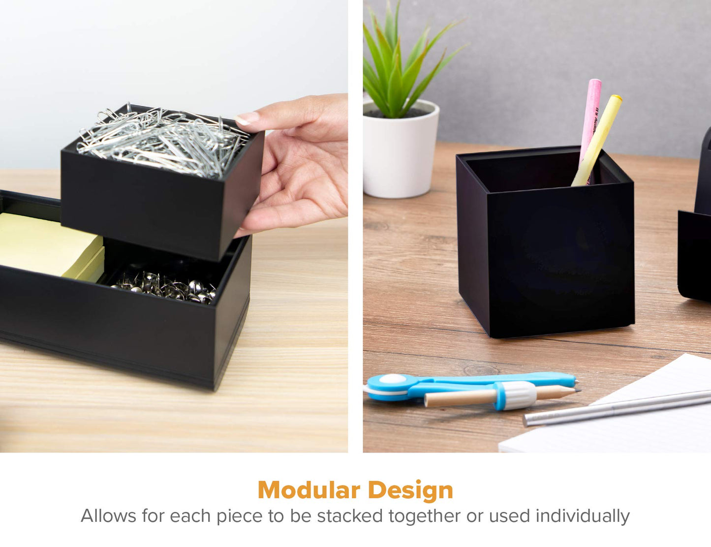 Bostitch Office Konnect Desk Organizer Accessory Tray & Storage Cup Bundle, Stacks for Desktop Storage,Makeup Organization, Black
