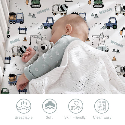 Little Grape Land Baby Cot Sheets Set for Boys & Girls, 2-Pack Soft & Breathable Microfiber,130x70cm Fitted Sheets for Standard Toddler Crib Mattress, Cute Patterns(Navy Truck)