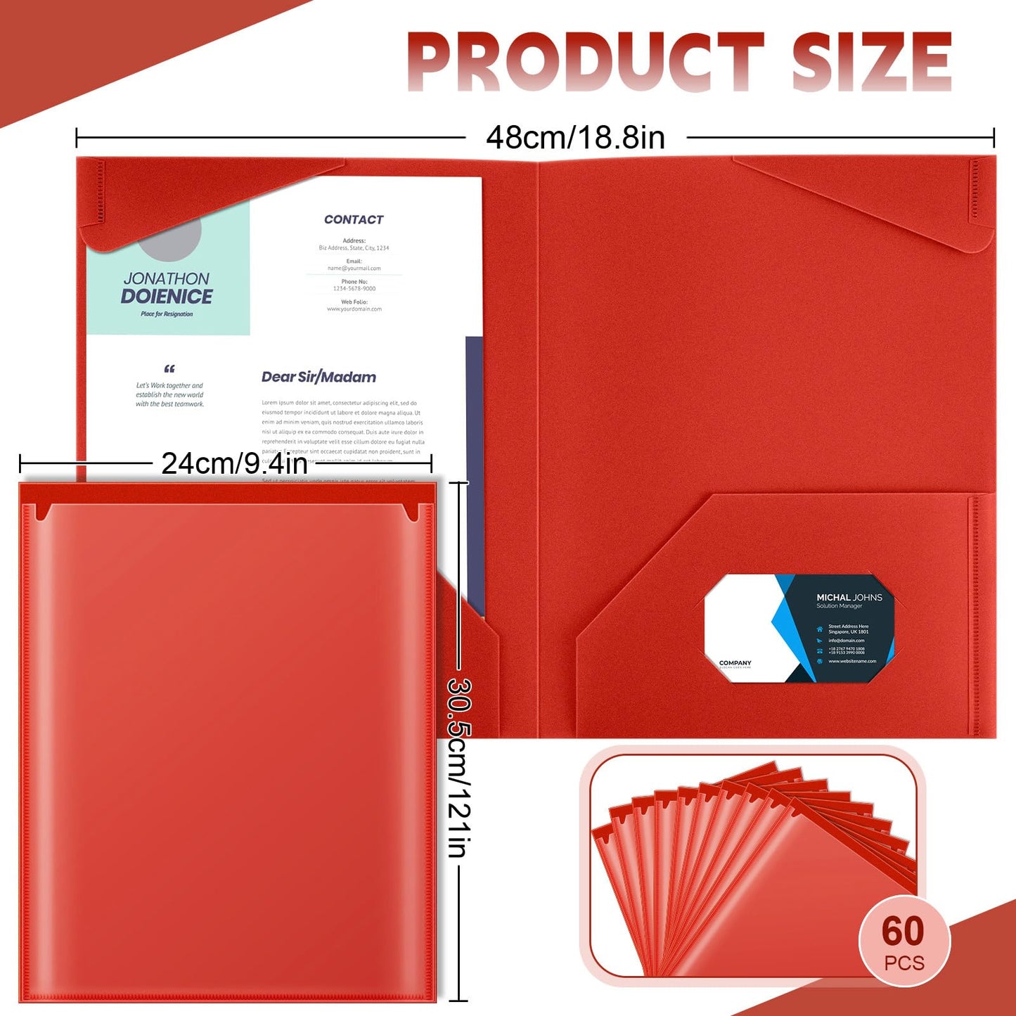 Henoyso 60 Pack Plastic Folders with Clear Front Pockets Heavy Duty File Folders with 2 Pockets and Card Slot for Classroom, School & Office Bulk Supply (Red)