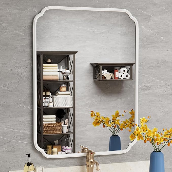 White Bathroom Vanity Mirror for Over Sink 30" x 40" Modern Rounded Corner Rectangle Wall Mirror Decorative with Non-Rusting Iron Metal Framed (Horizontal/Vertical)
