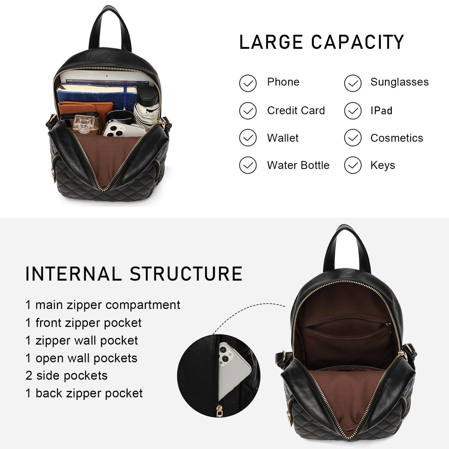 KL928 Quilted Mini Backpack for Women, PU Leather Backpack Purse Designer Satchel Bag, Small Casual Daypack for Ladies
