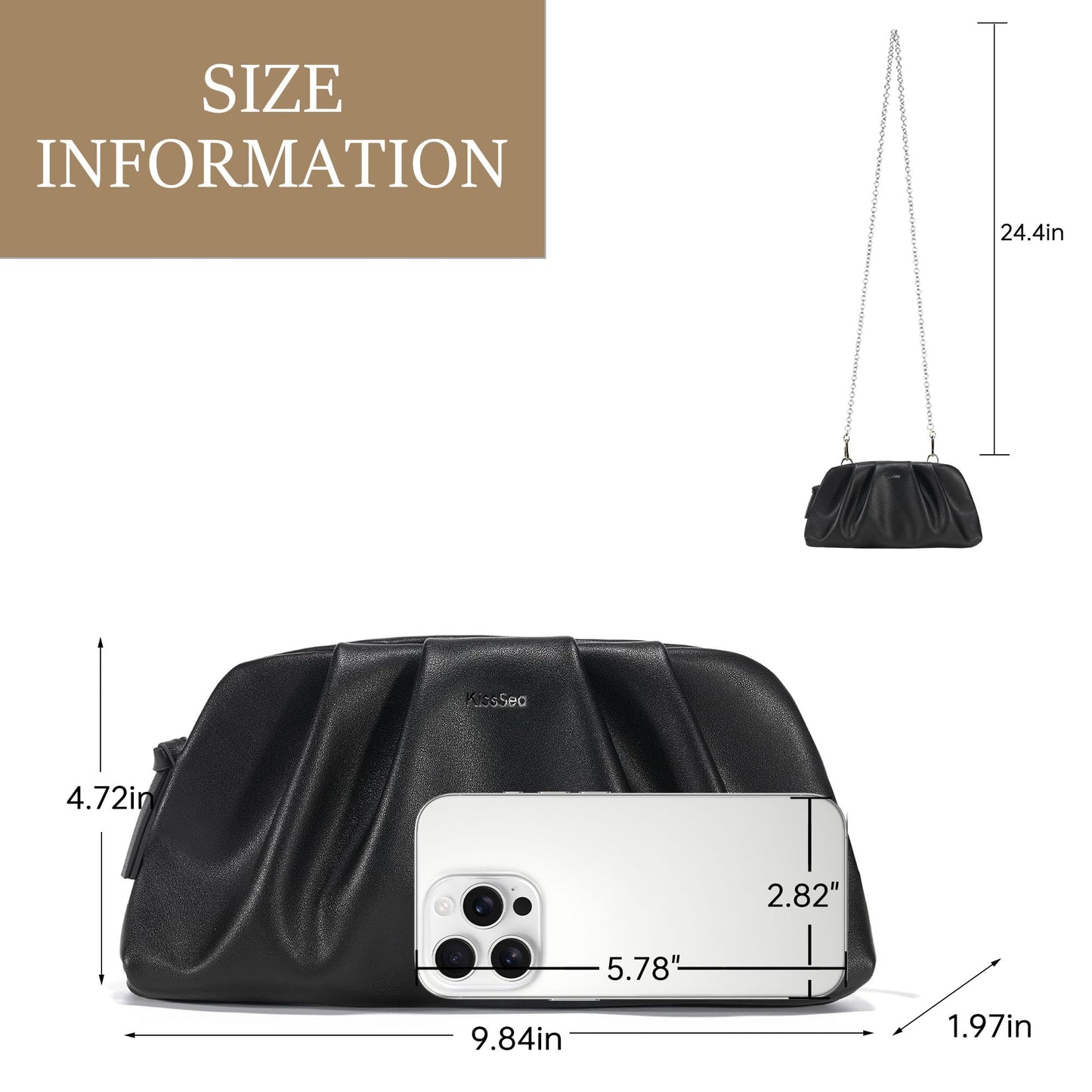 Kiss Sea Zipper Purses for Women Soft Pleated Vegan Leather Crossbody Bags Small Evening Bag for Cocktail Parties Black