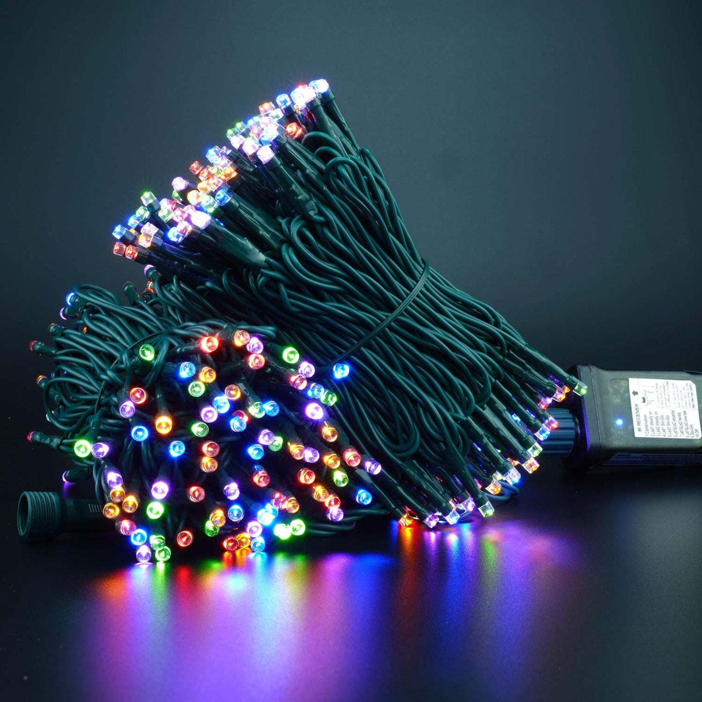 YULETIME 100 ft 300 Count Multicolor LED String Lights with 8 Models Adapter, Green Wire Wide Angle 5mm Christmas Lights (Multicolor - Green Wire)