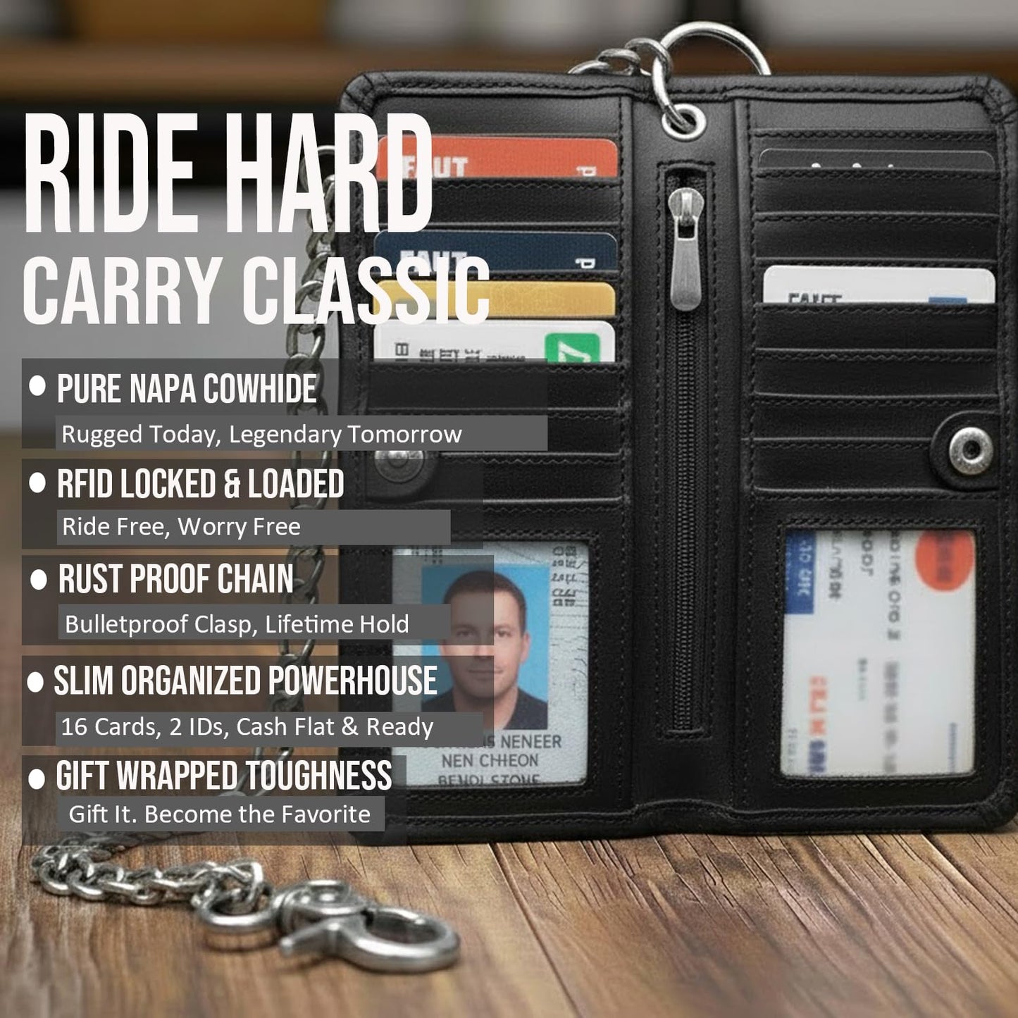 CLASSIC Motorcycle Chain Wallet for Men – Premium Cowhide Leather, RFID Bi-Fold Biker Wallet with Heavy Duty Chain for Bikers Truckers & Hunters, Credit Card Money Organizer Long Wallet Aniline Black