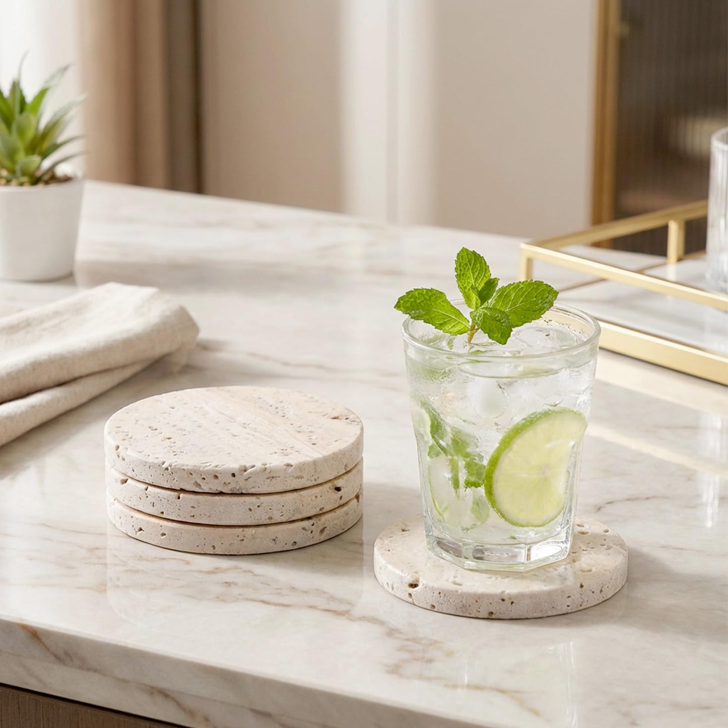 Giloaou Travertine Coasters Set of 4, Marble Absorbent Coaster with Non-Slip Cork Backing, 4'' Round Stone Drink Coasters for Home & Office - Protect Tables from Stains & Scratches