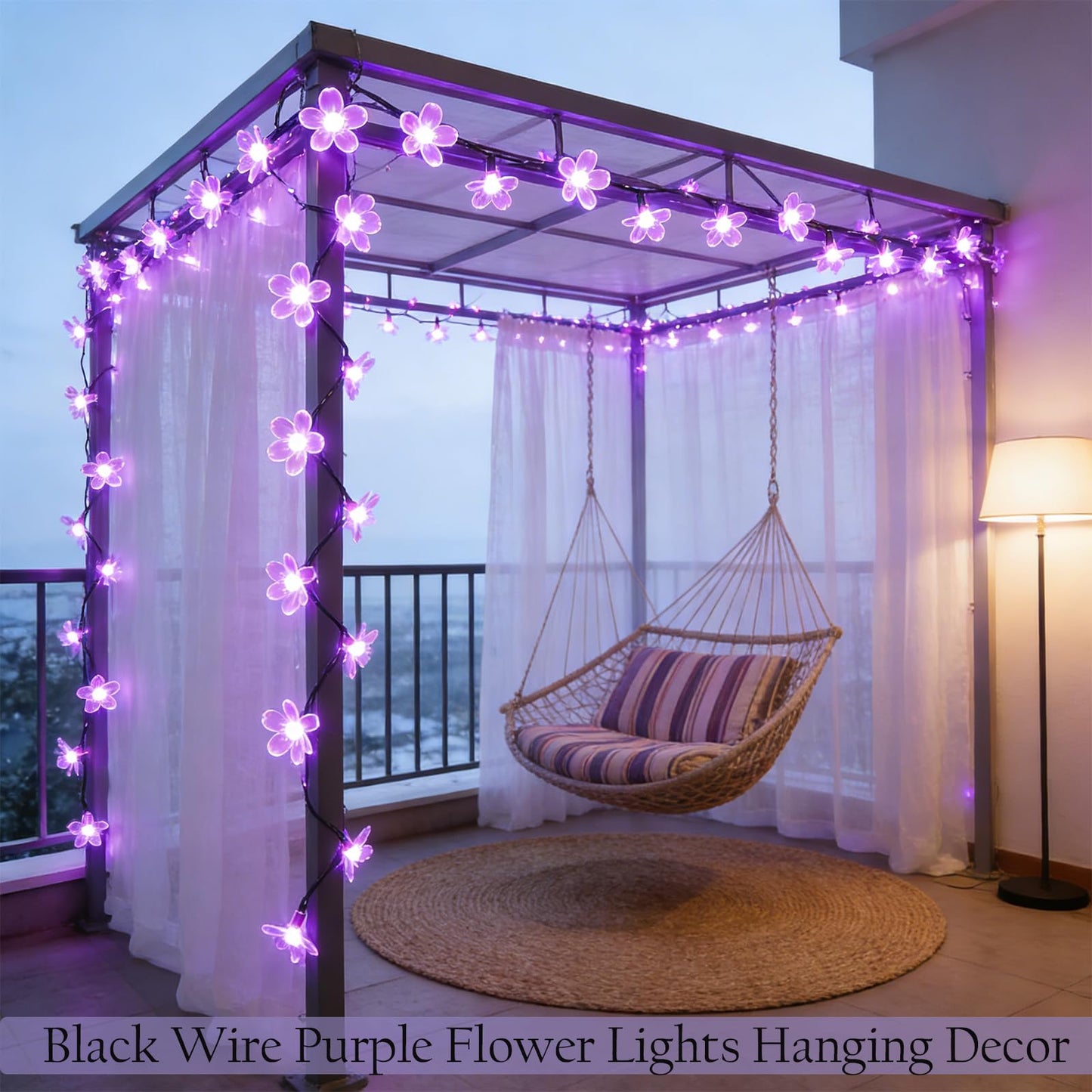 Purple Flower Fairy String Lights on Black Wire, Plug in Connectable 33FT 100 LED Waterproof with 8 Modes for Indoor Outdoor Christmas, Valentine's Day, Wedding Party & Patio Balcony Ambiance