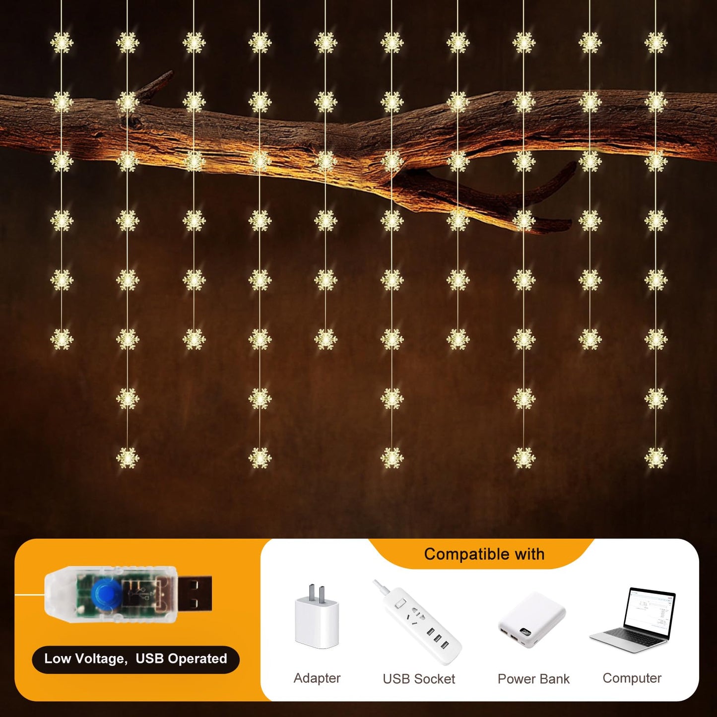 Patioman Snowflake Curtain Lights, Warm White Window Lights 70 Snowflakes Hanging Light with Remote Fairy Led Twinkle String Lights Home Bedroom Wall Décor for Christmas, Wedding, Party, Birthday
