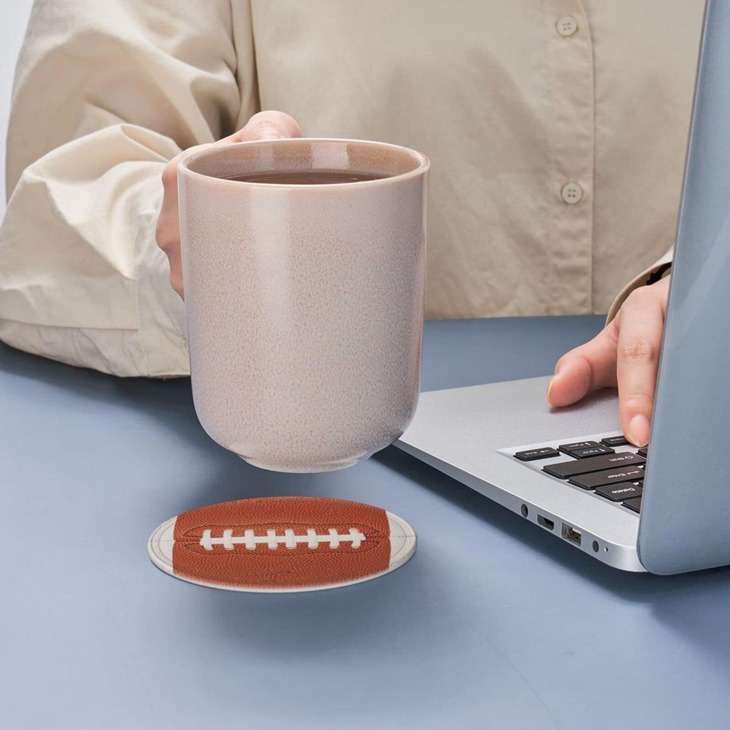 sunwarshile Football Coasters for Drinks with Holder Round Leather Coasters Set of 6 Cups Mugs Mat Pad for Home Kitchen Bar
