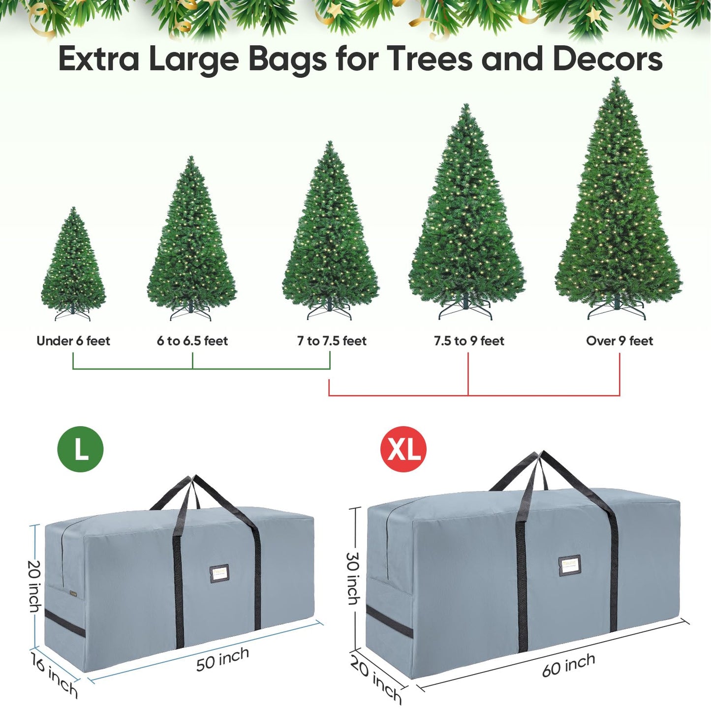 BALEINE 7.5 ft Christmas Tree Storage Bag, Heavy Duty 900D Oxford Fabric with Reinforced Handles and Dual Zippers Wide Opening, Extra Large Storage Container for Trees and Decorations (Grey)